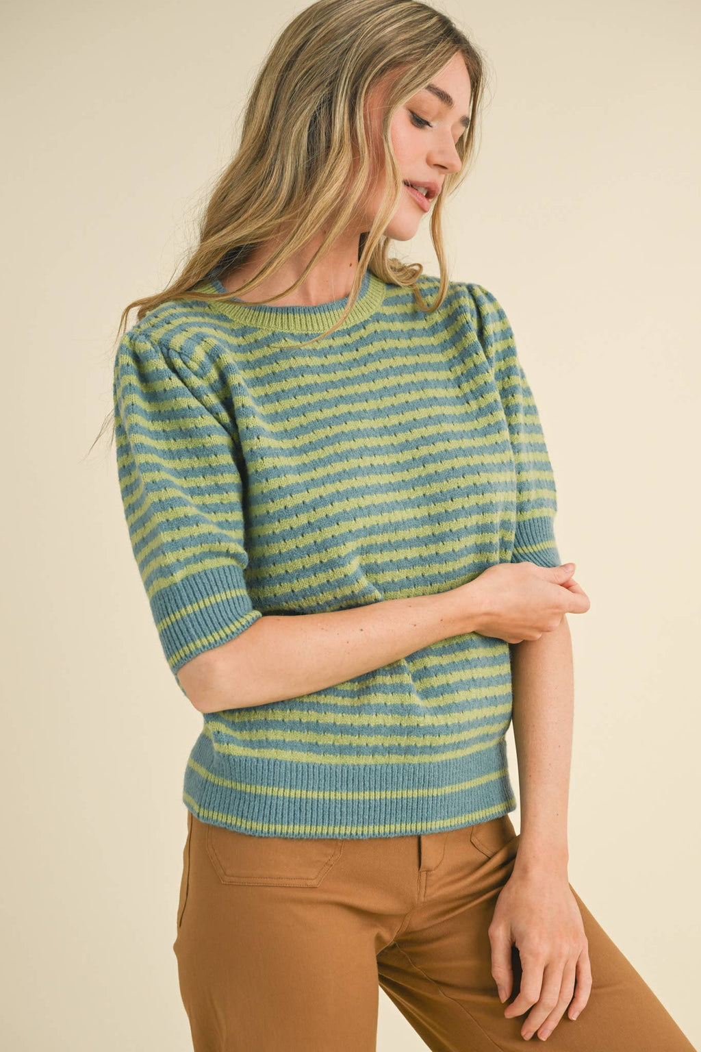STRIPED POINTELLE KNIT PUFF SLEEVE SWEATER