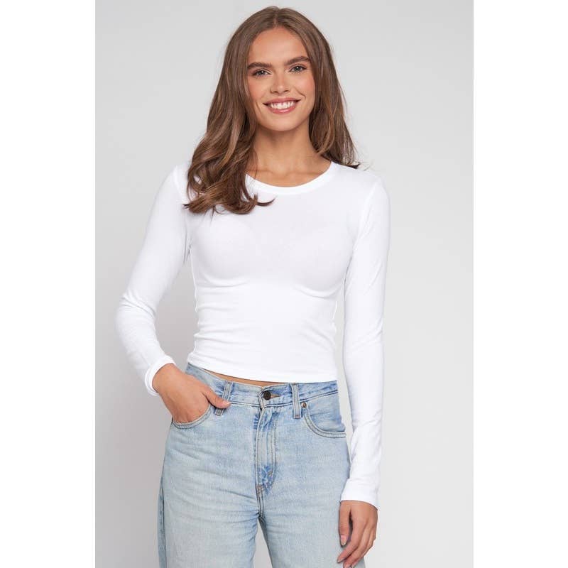 Crew Neck Long Sleeve Cotton Cropped Knit Top