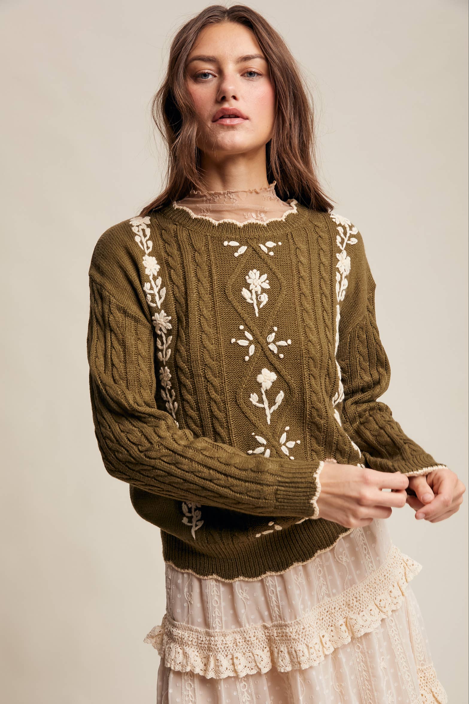 Floral Embroidered Cable Knit Sweater