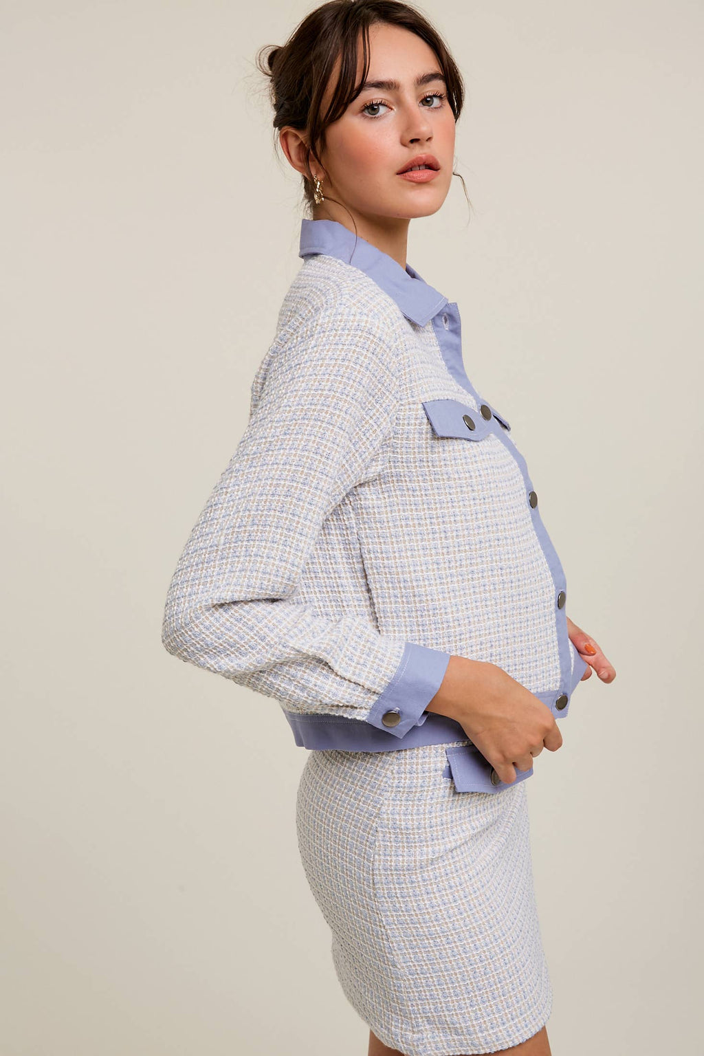 Contrast Trim Plaid Tweed Jacket & Mini Skirt Set