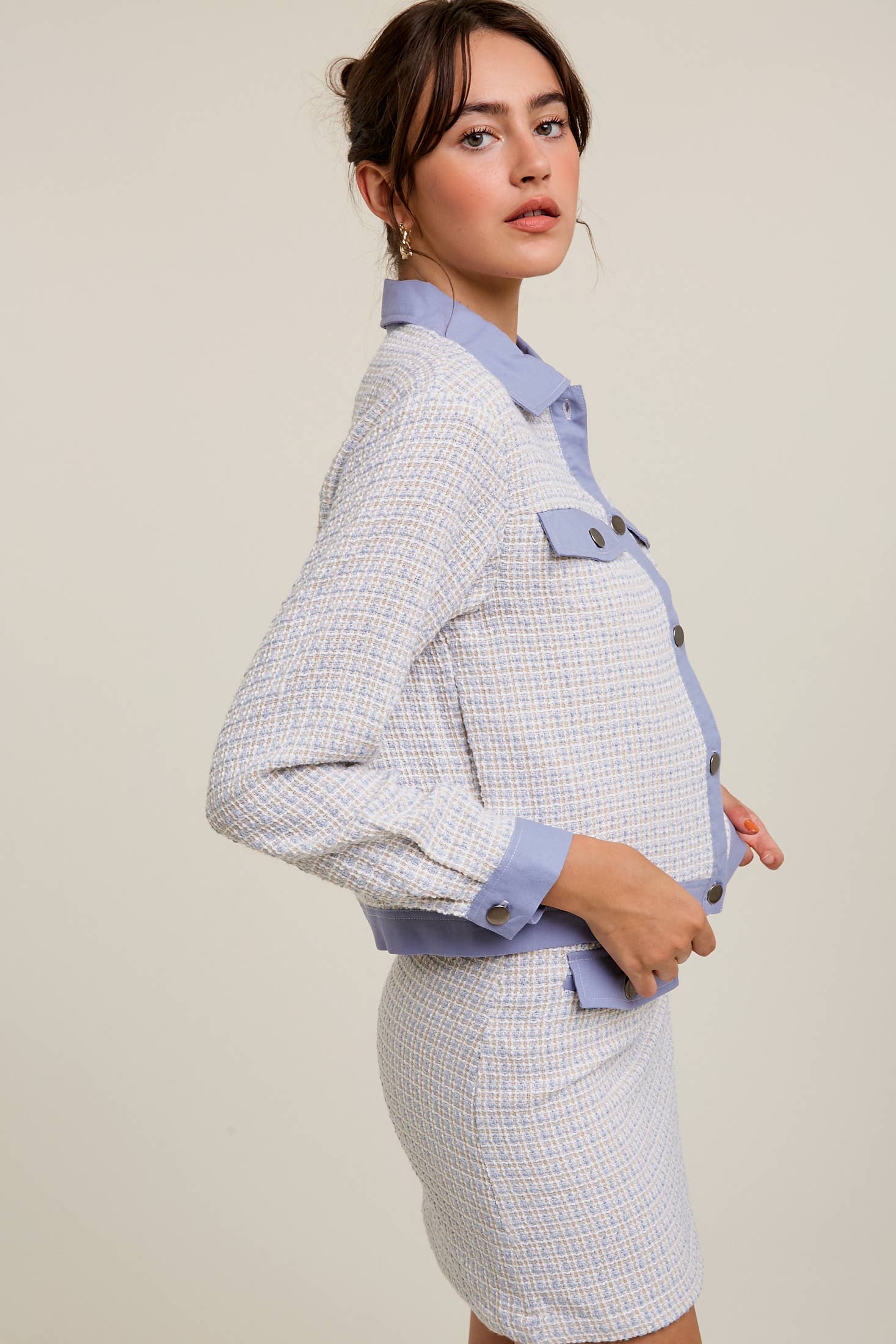 Contrast Trim Plaid Tweed Jacket & Mini Skirt Set