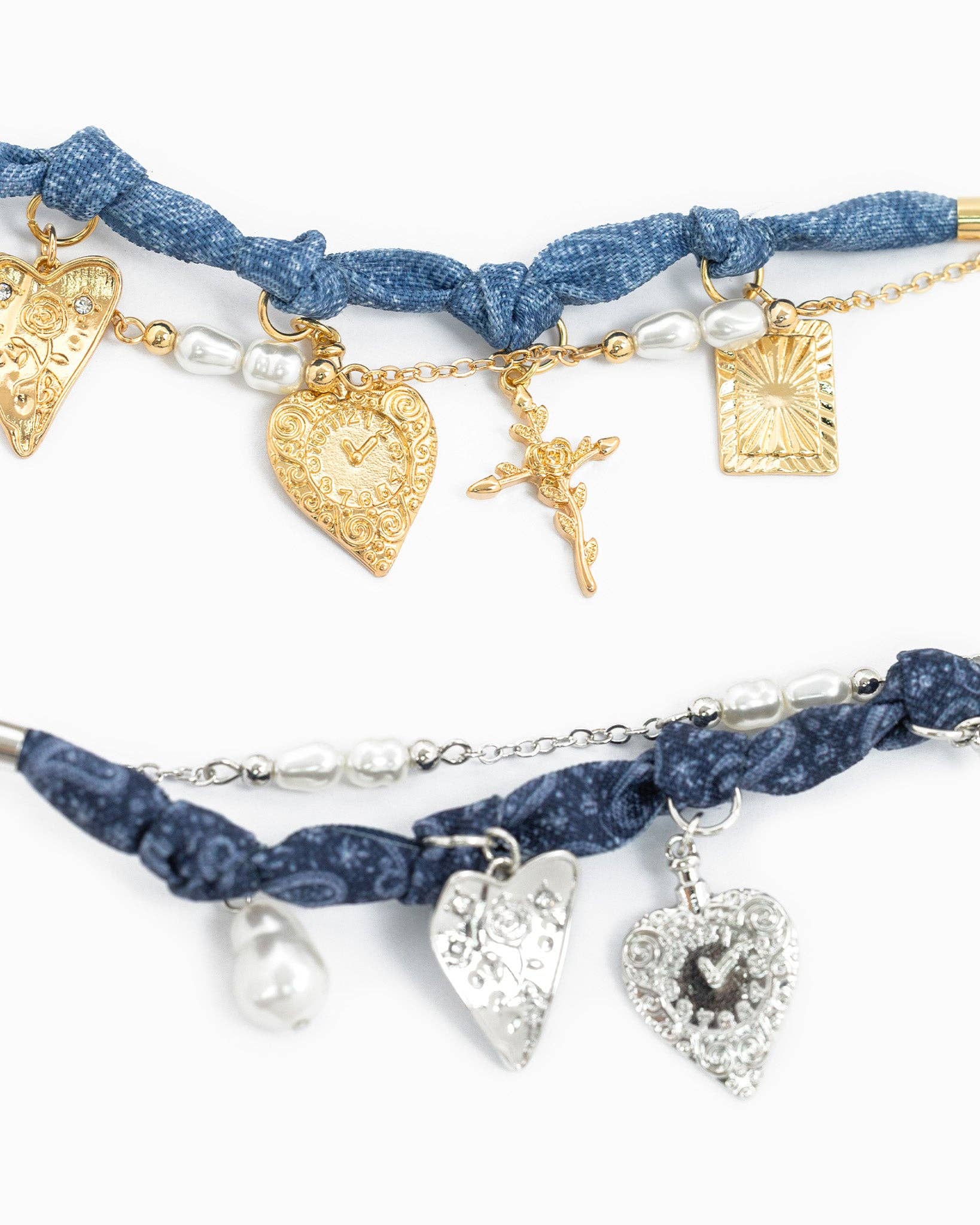 Pearl Layered Denim Bandana Scarf Heart Bracelet