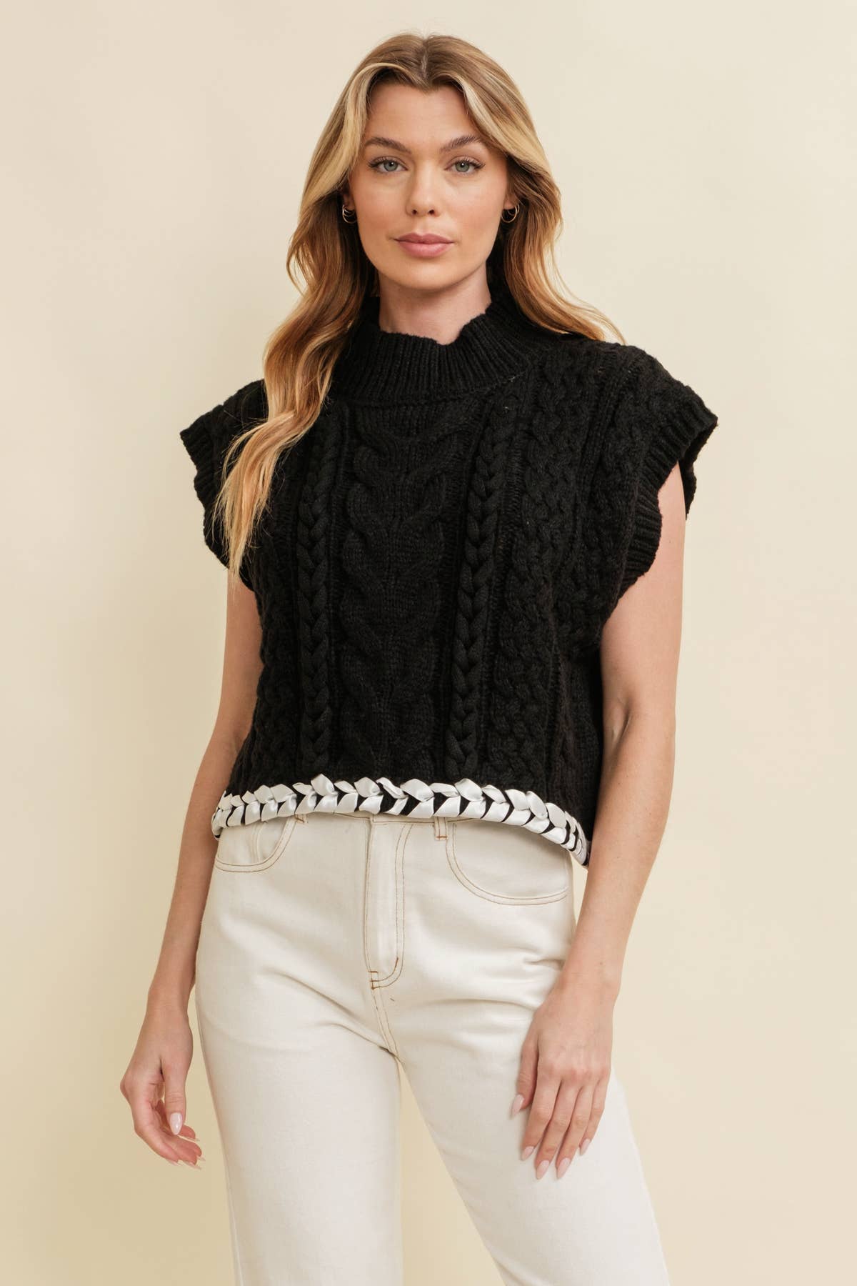 CABLE KNIT DROP SHOULDER CONTRAST STITCH SWEATER