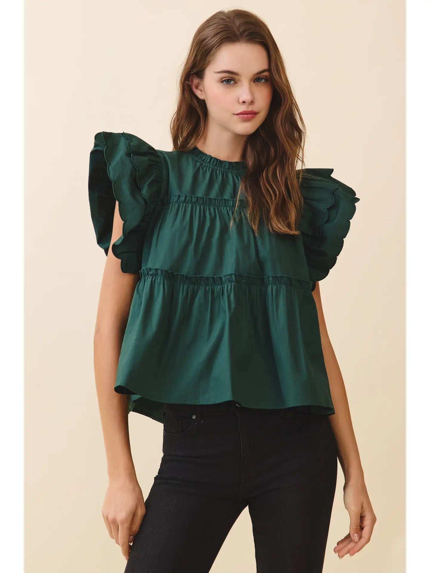 Dramatic Ruffle Sleeves Detail Tiered Poplin Top