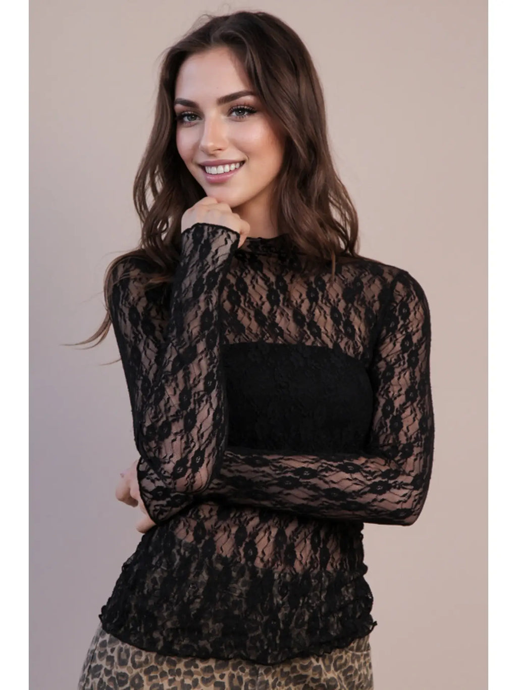 High Neck Fitted Sheer Mesh Lace Knit Top