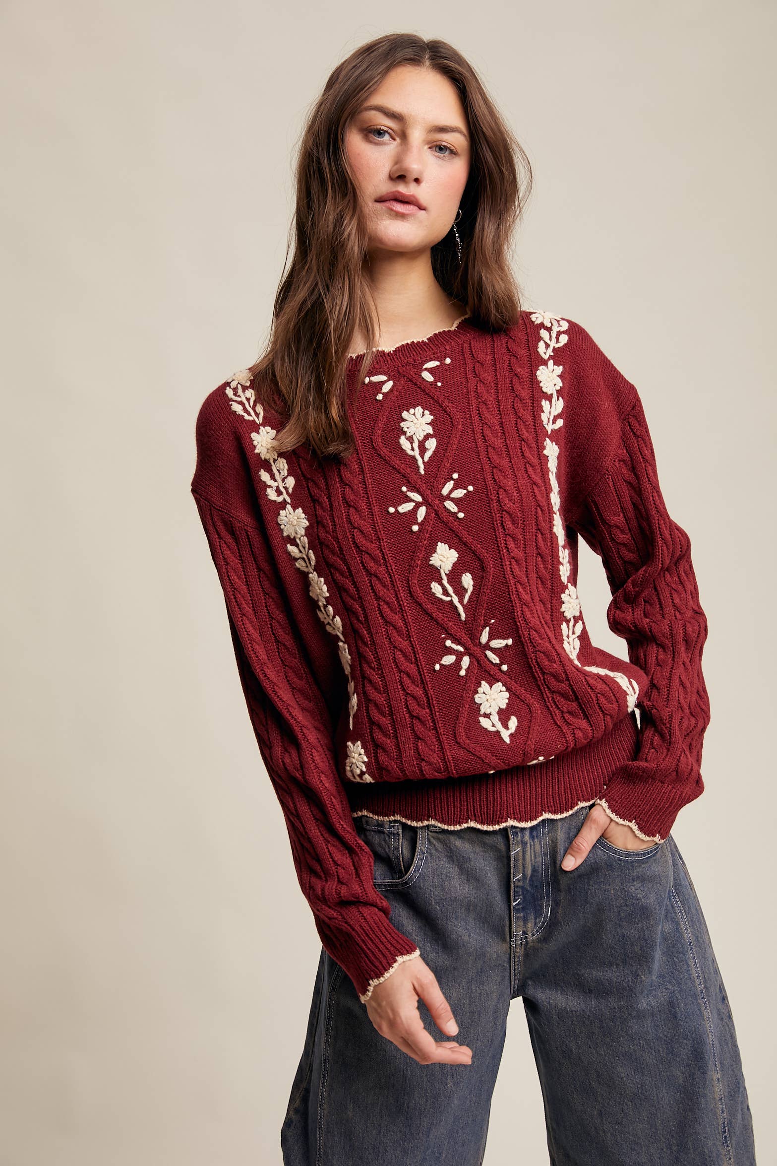 Floral Embroidered Cable Knit Sweater