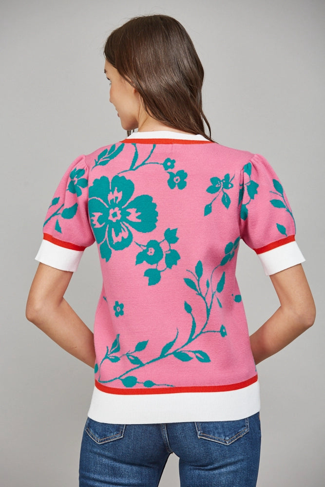 Floral Pattern Jacquard Knit Short Puff Sleeve Sweater