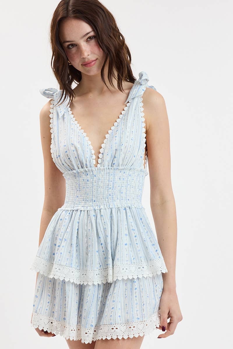 BORDER STRIPE TIE STRAP LAYERED LACE MINI DRESS