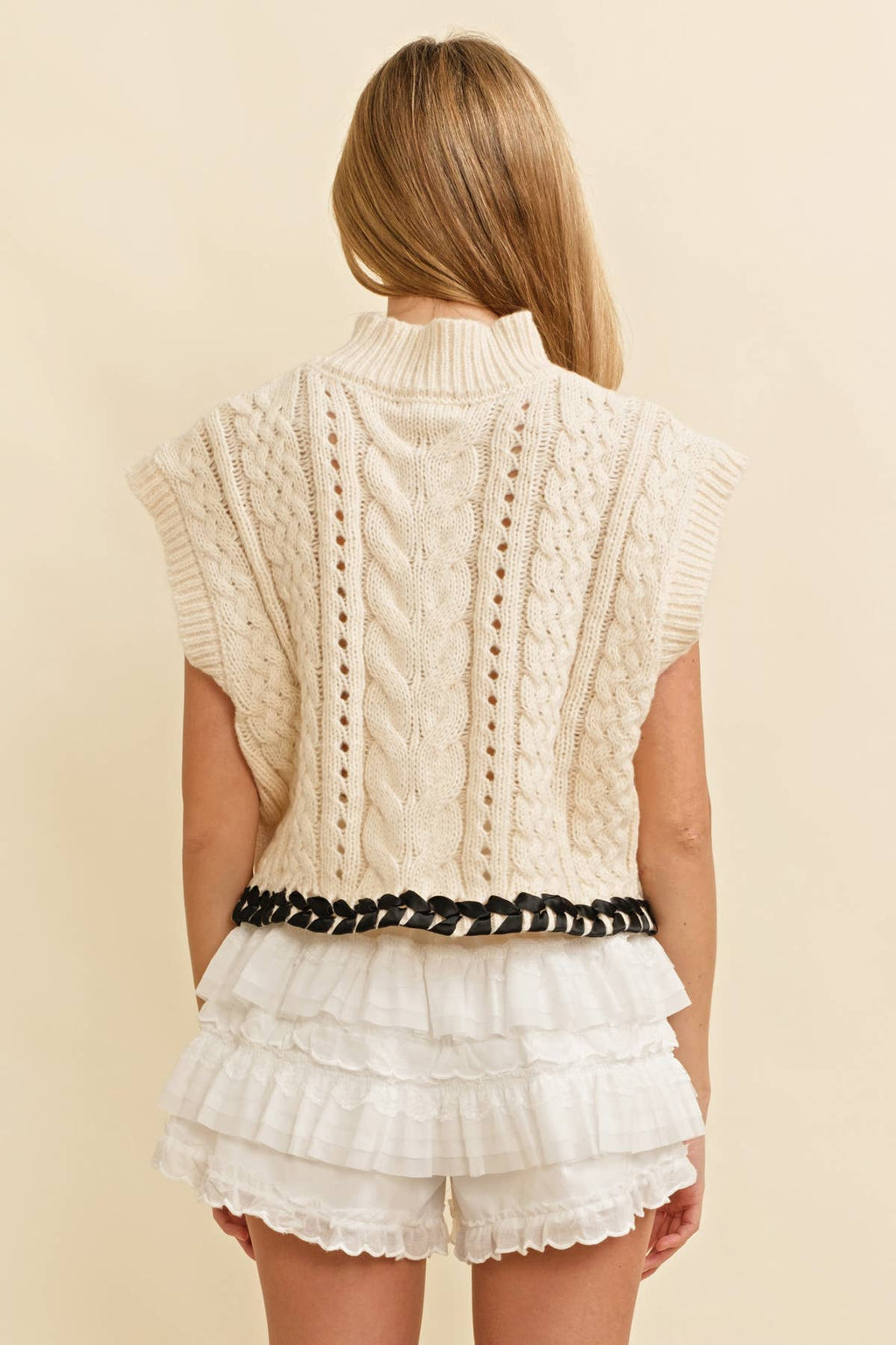 CABLE KNIT DROP SHOULDER CONTRAST STITCH SWEATER