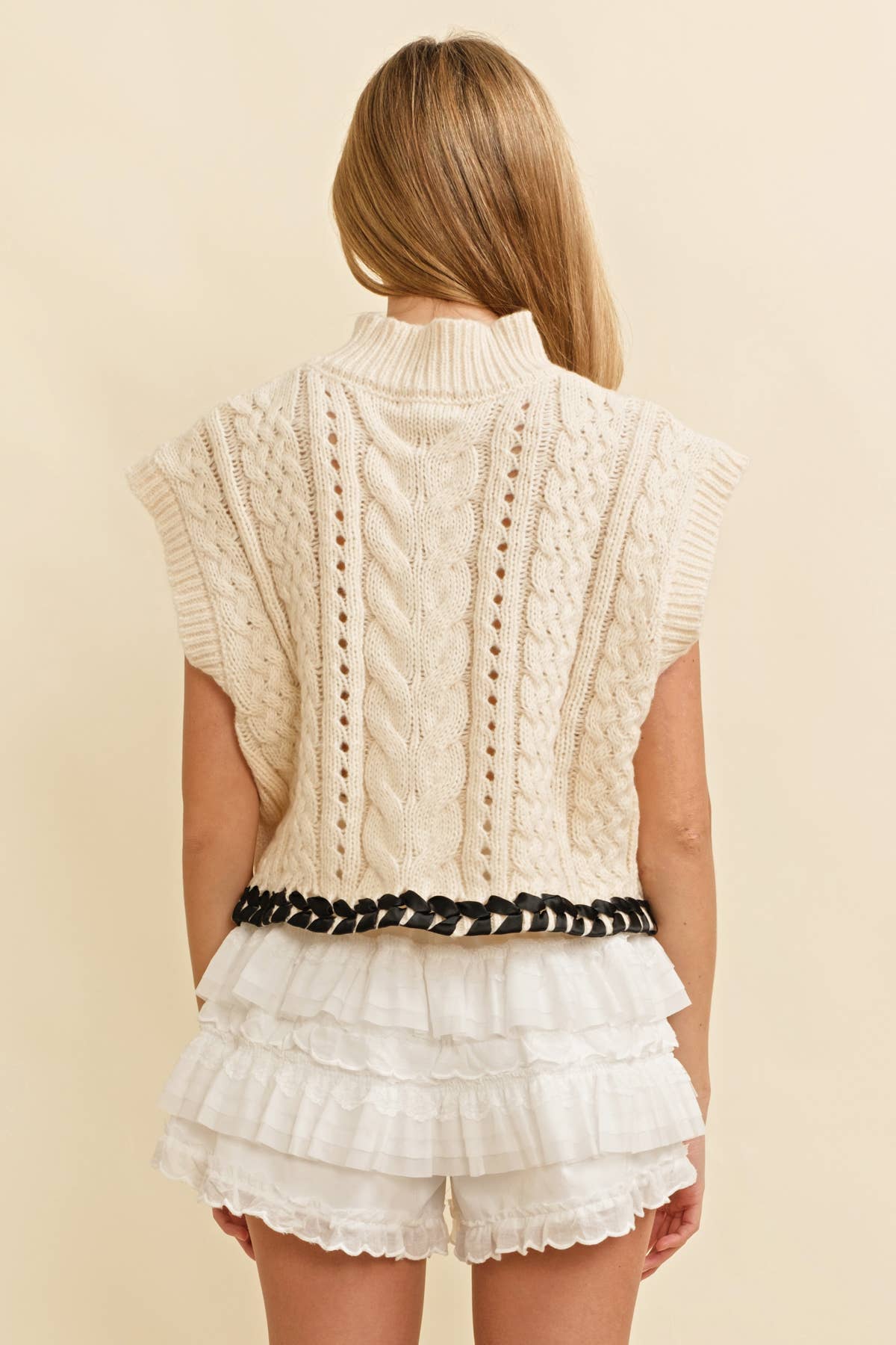 CABLE KNIT DROP SHOULDER CONTRAST STITCH SWEATER