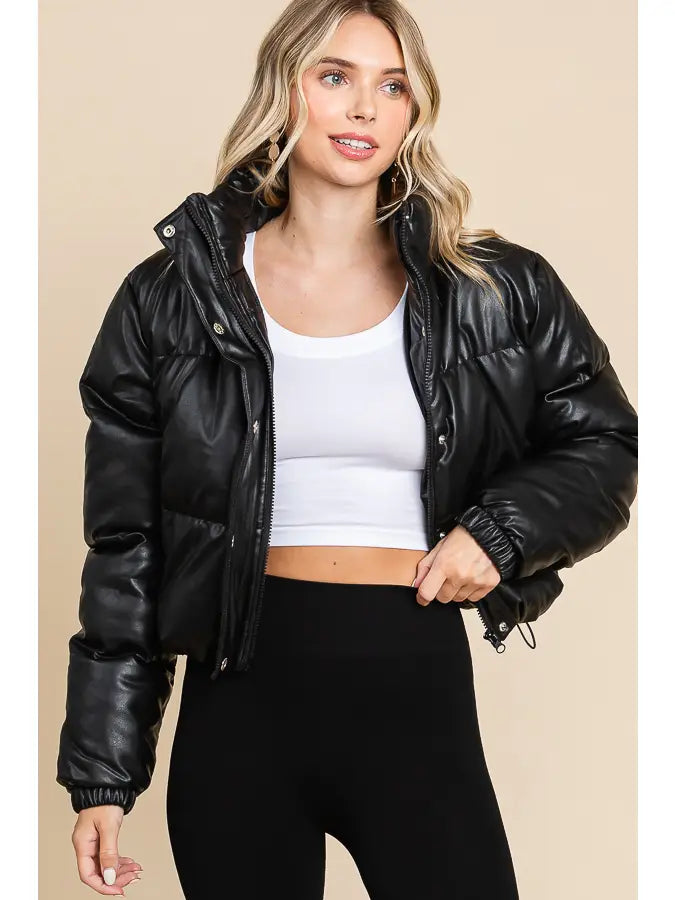 FAUX Leather Front Zipper and Buttons Puffer