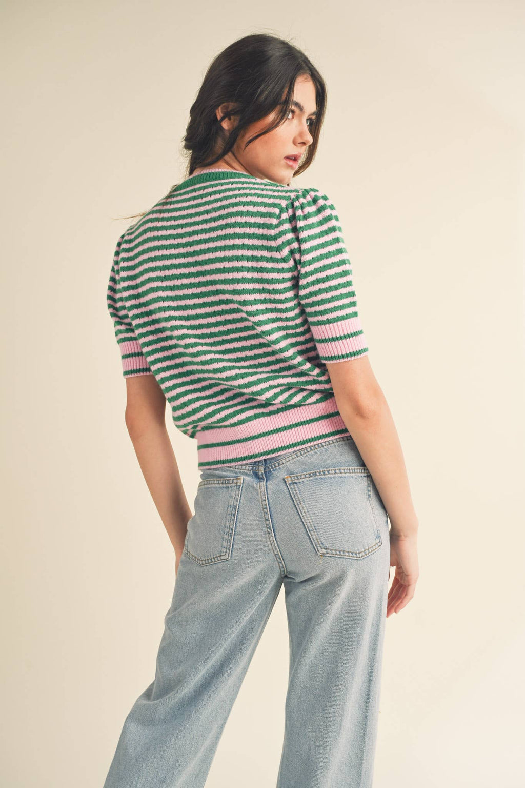 STRIPED POINTELLE KNIT PUFF SLEEVE SWEATER