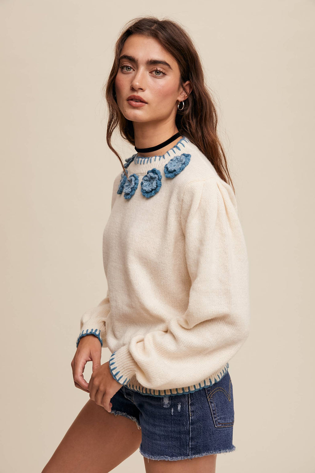 Crochet Bloom Applique Sweater