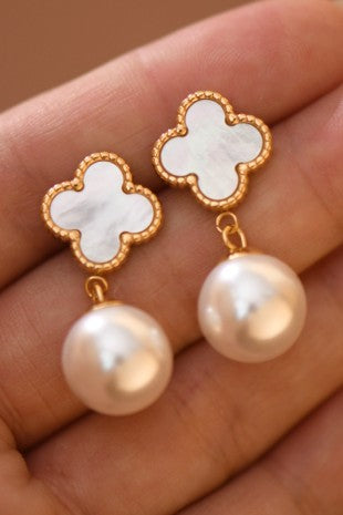 18k Waterproof Stainless Steel Clover Pearl Drops
