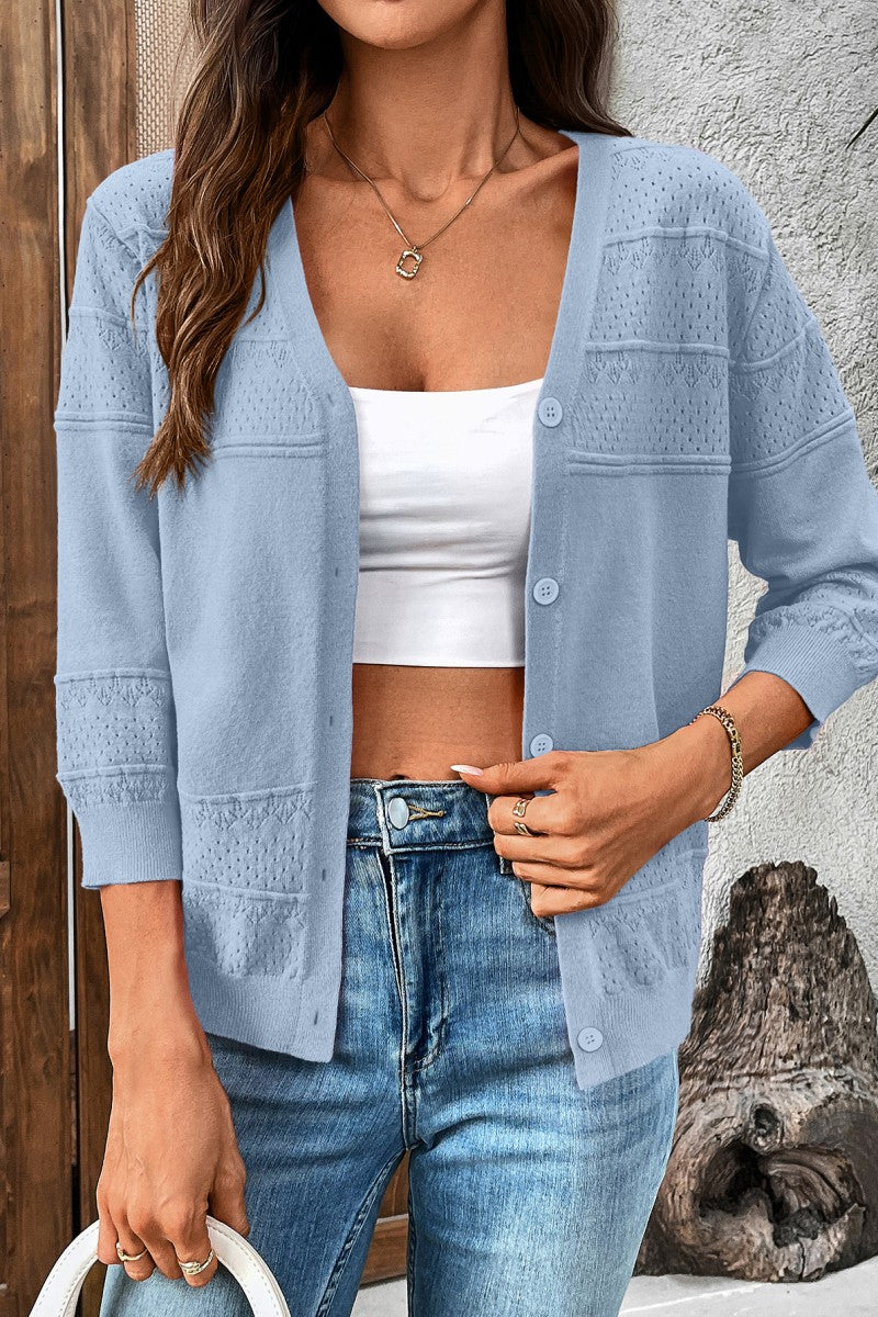 Eyelet Punching 3/4 Sleeve Cardigan