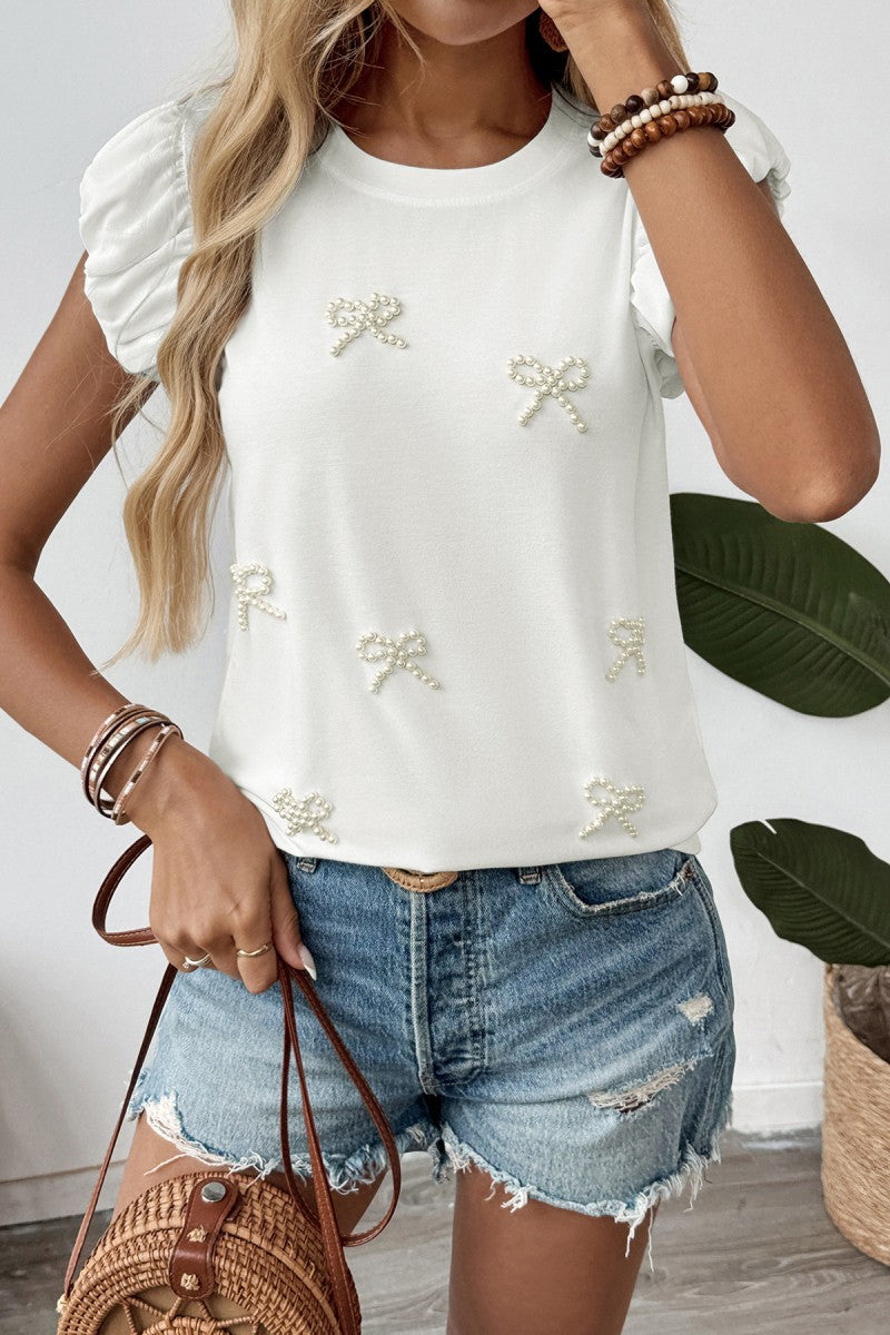 3D Bow Embellishments Short Puff Sleeve Top