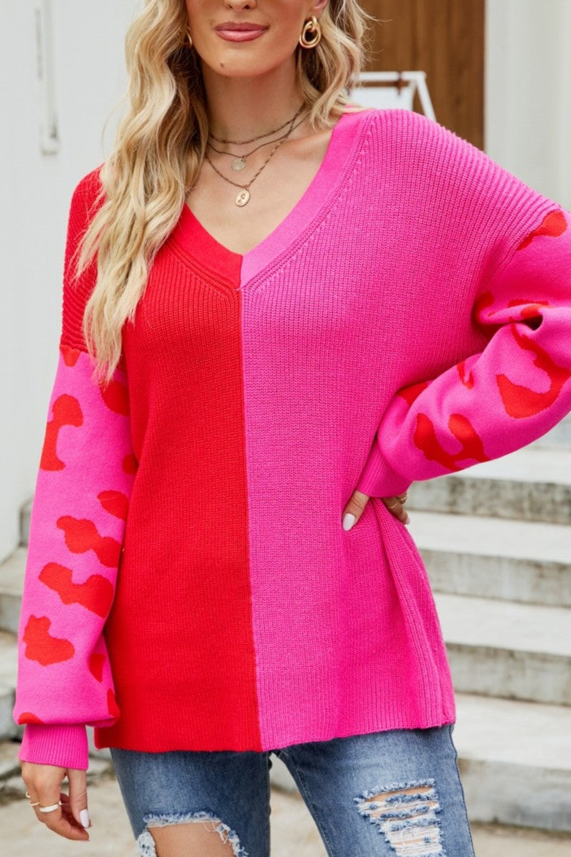 V-neck Color Block Long Sleeve Sweater Top