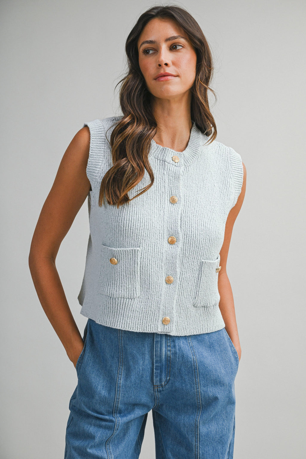 Gold Button Detail Knit Vest