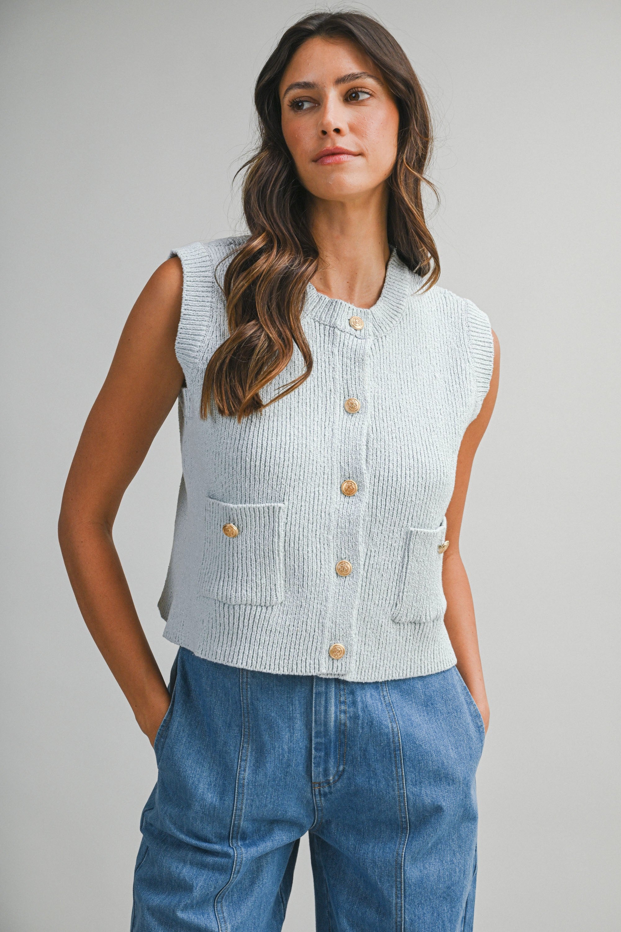 Gold Button Detail Knit Vest