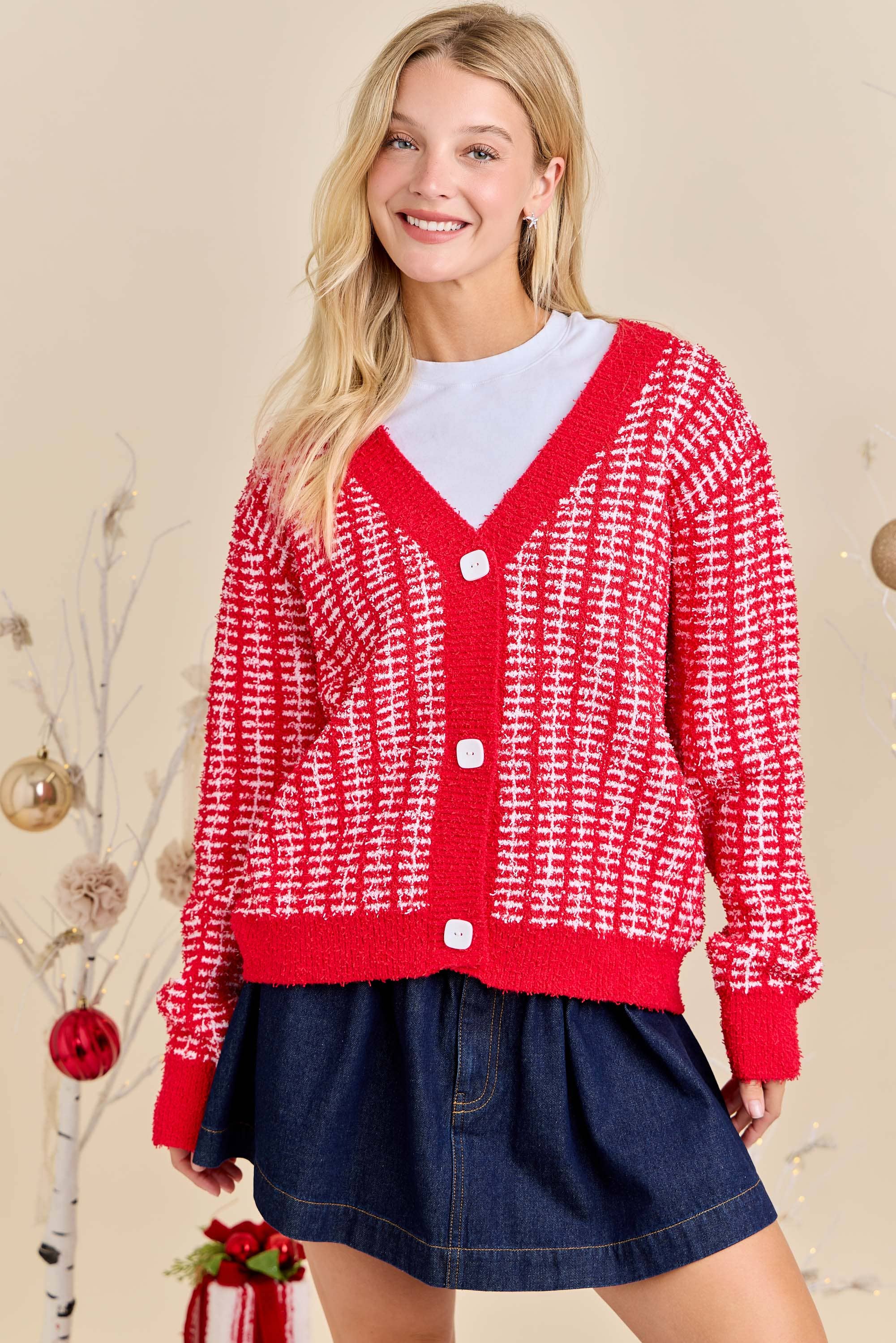 Holiday Check Knit Cardigan