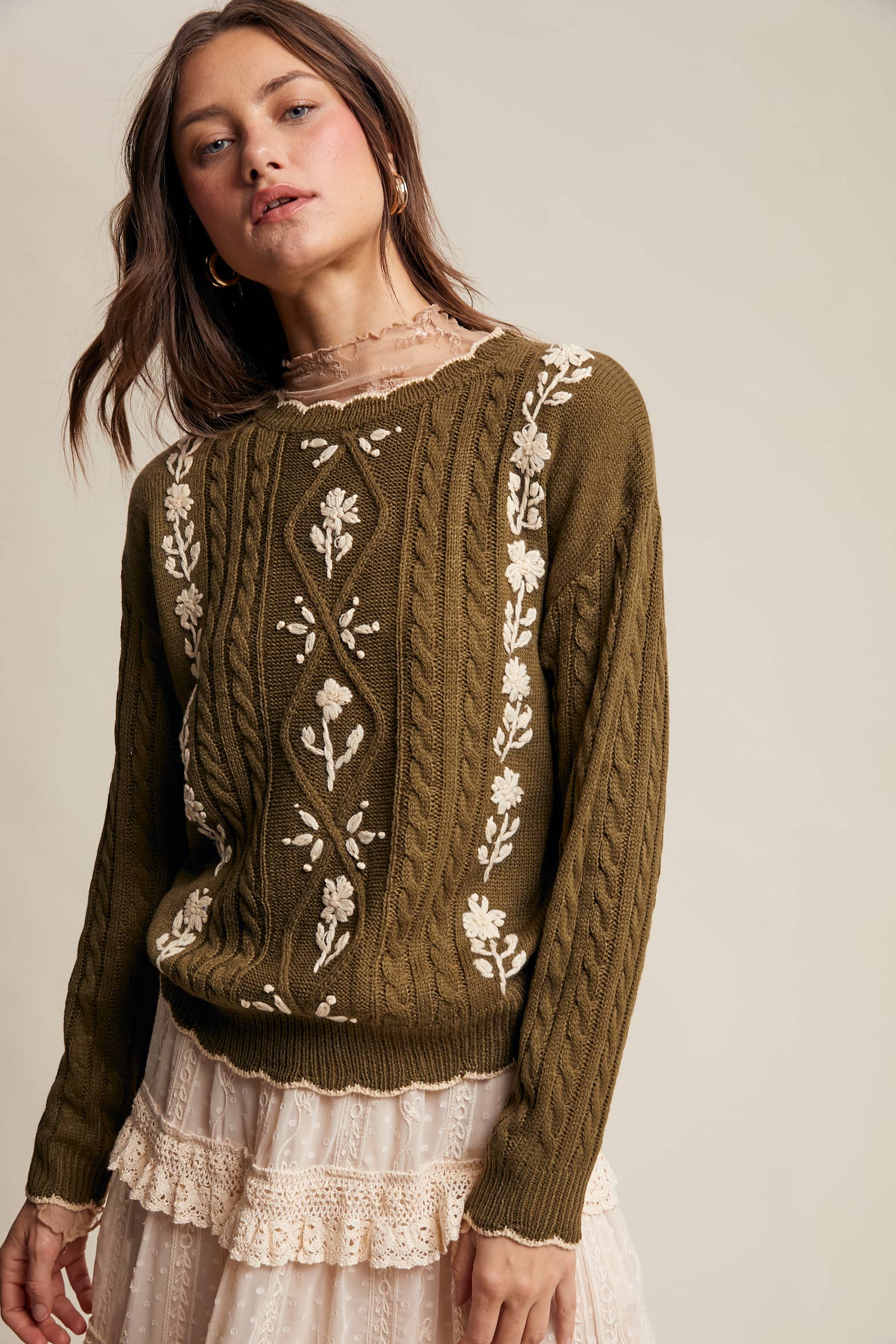 Floral Embroidered Cable Knit Sweater