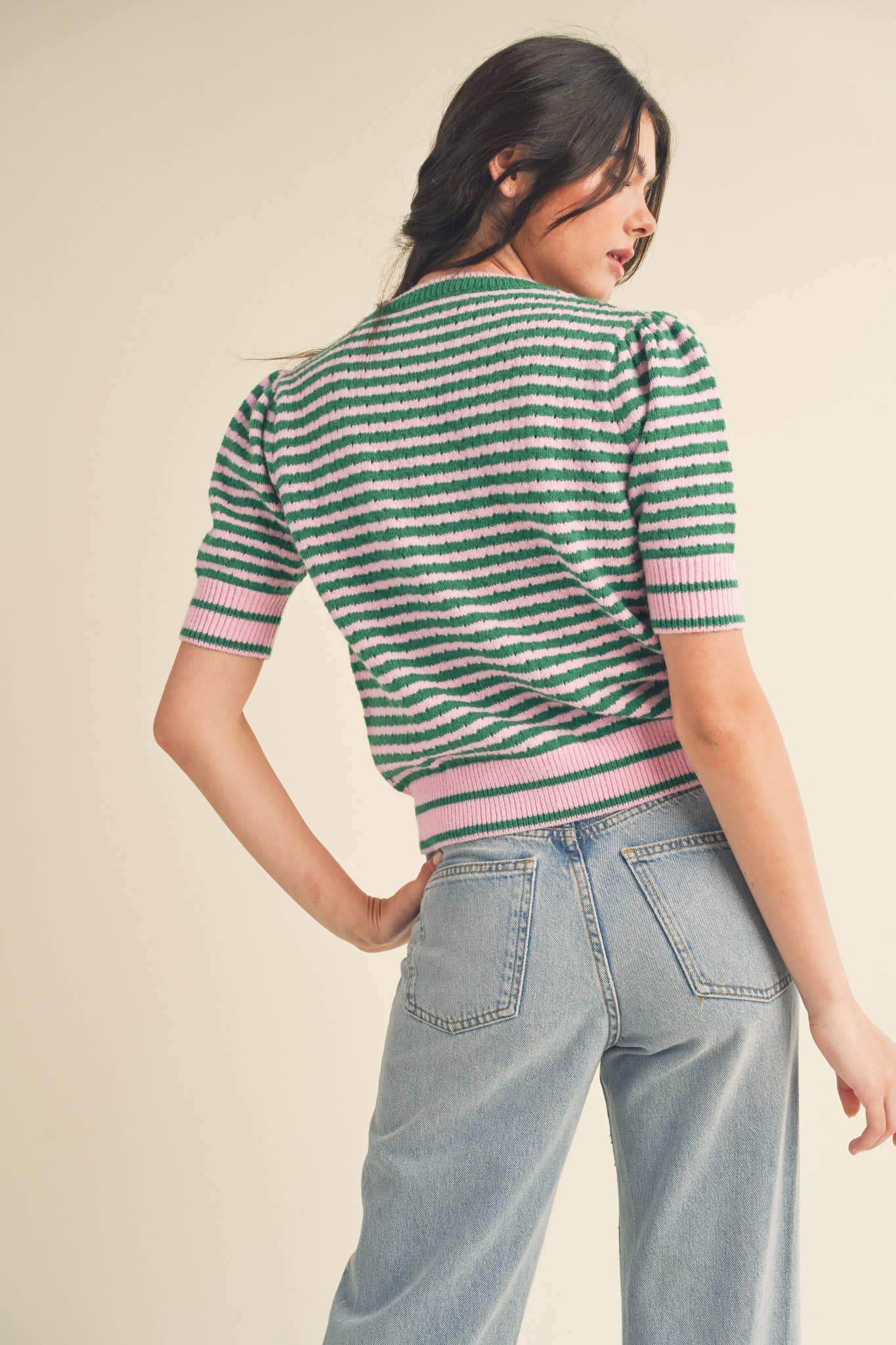STRIPED POINTELLE KNIT PUFF SLEEVE SWEATER