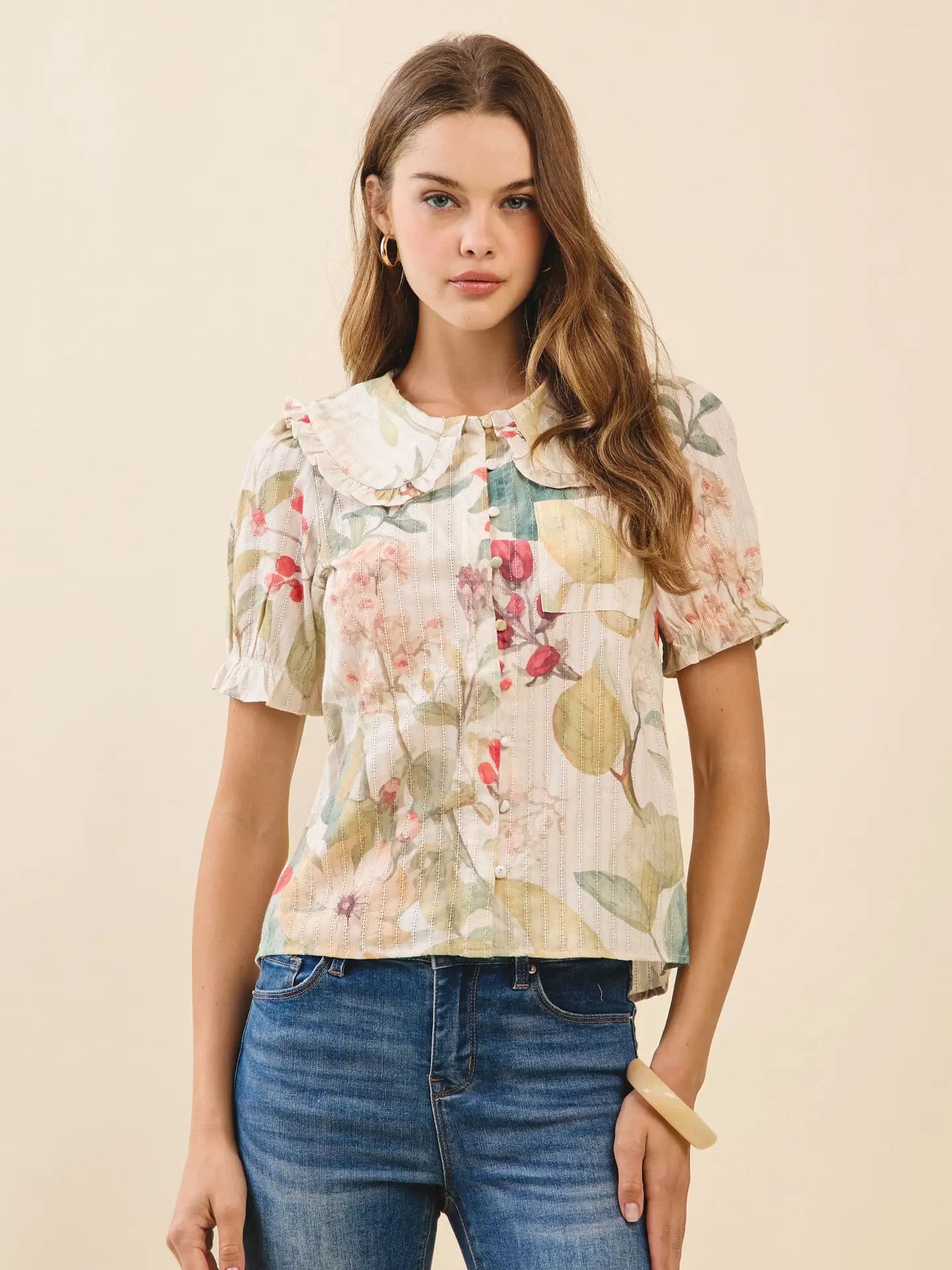 Floral Print Textured Stripes Peter Pan Collar Top