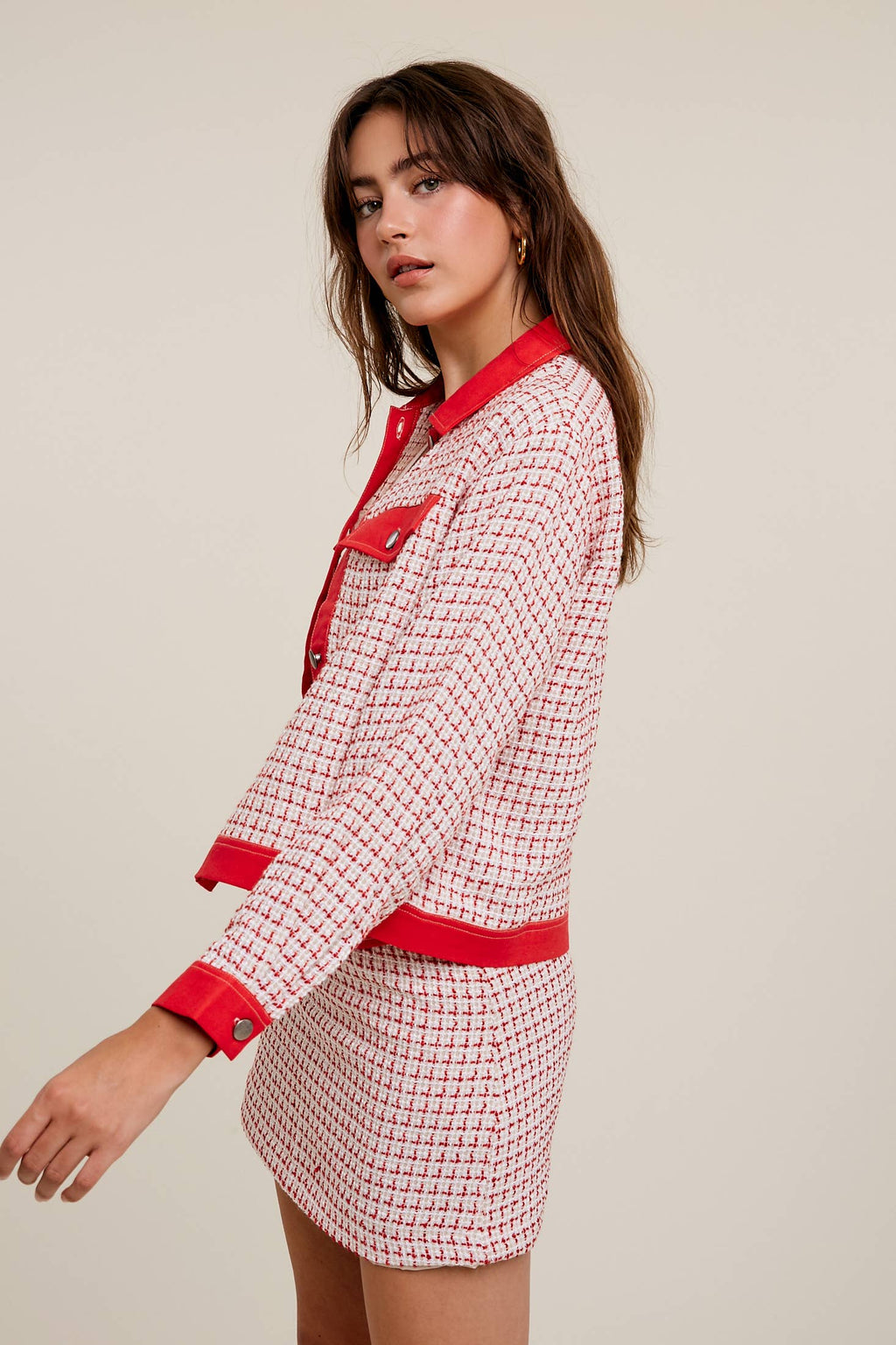 Contrast Trim Plaid Tweed Jacket & Mini Skirt Set