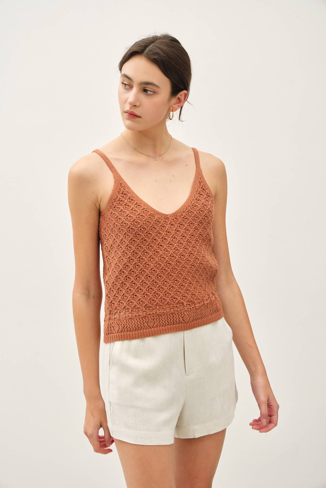 CROCHET KNIT DETAILED V-NECK TANK