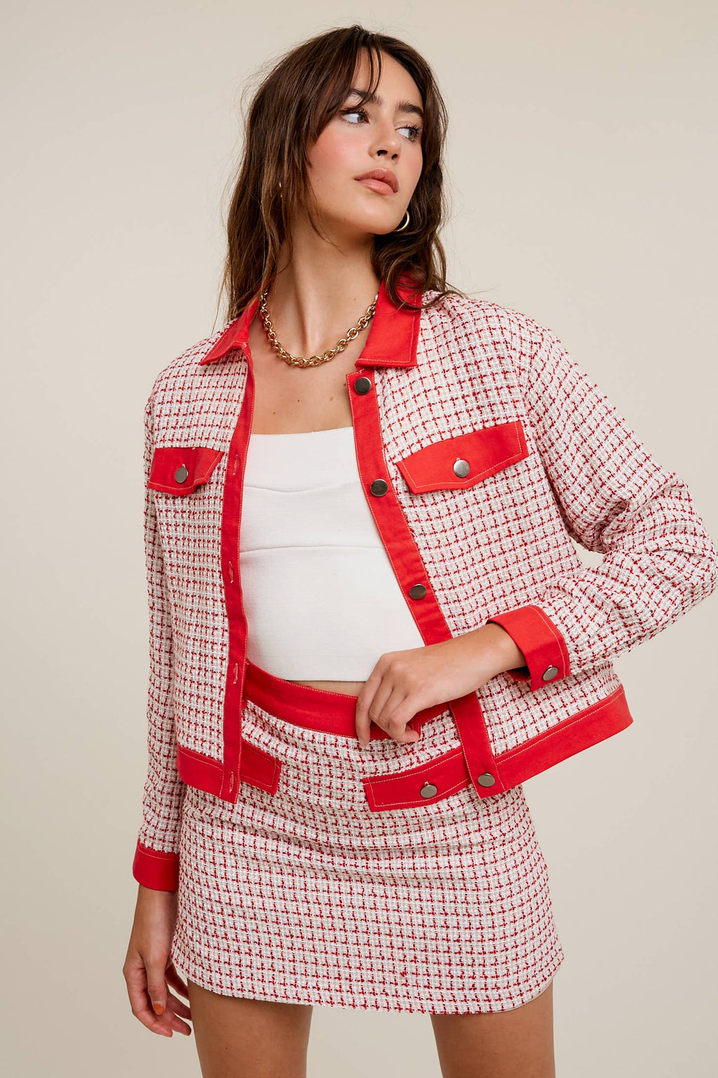 Contrast Trim Plaid Tweed Jacket & Mini Skirt Set