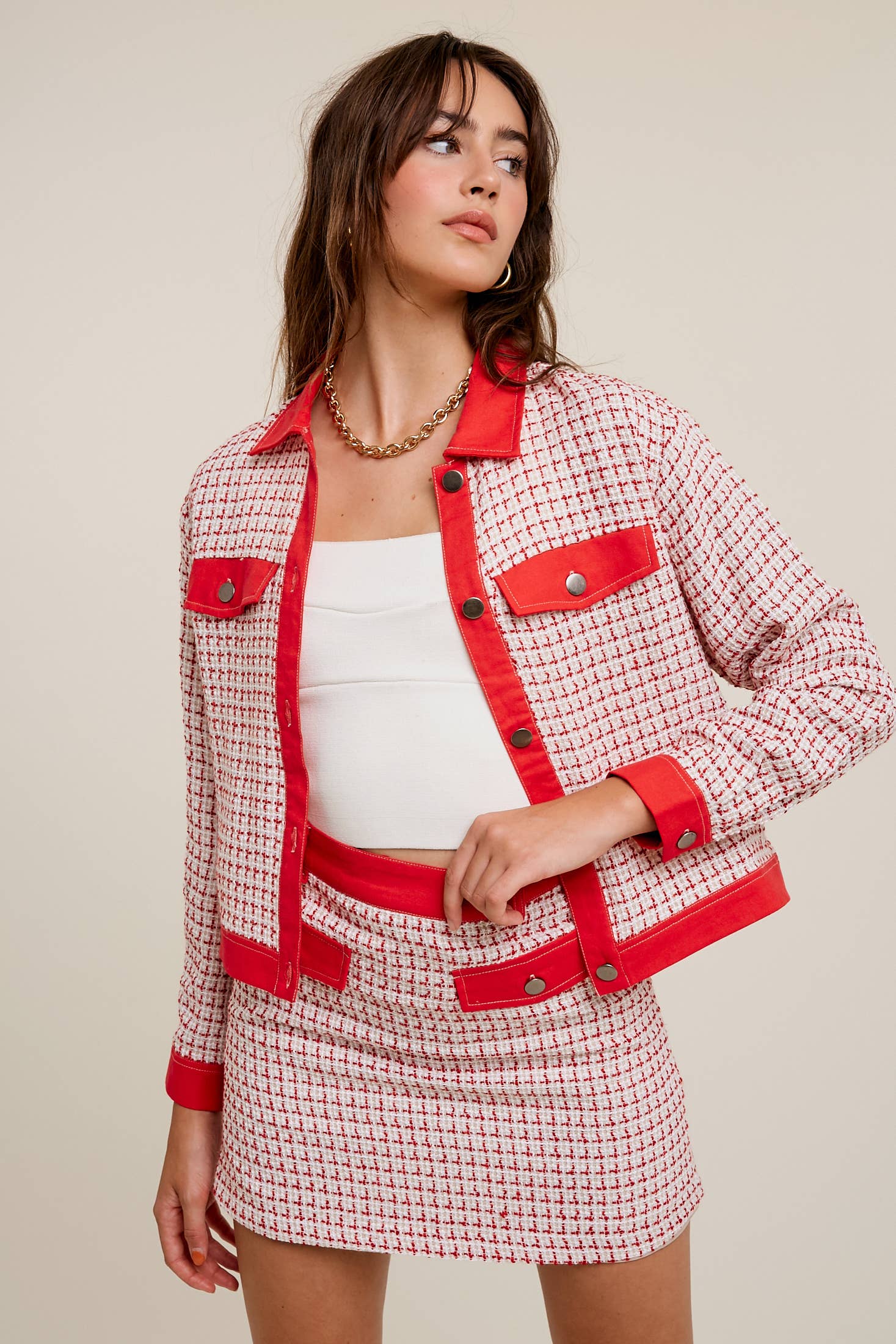 Contrast Trim Plaid Tweed Jacket & Mini Skirt Set