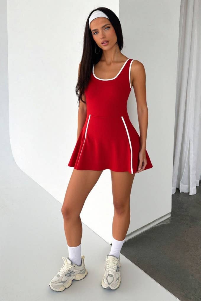 RIBBED TANK DRESS WITH CONTRAST PIPING