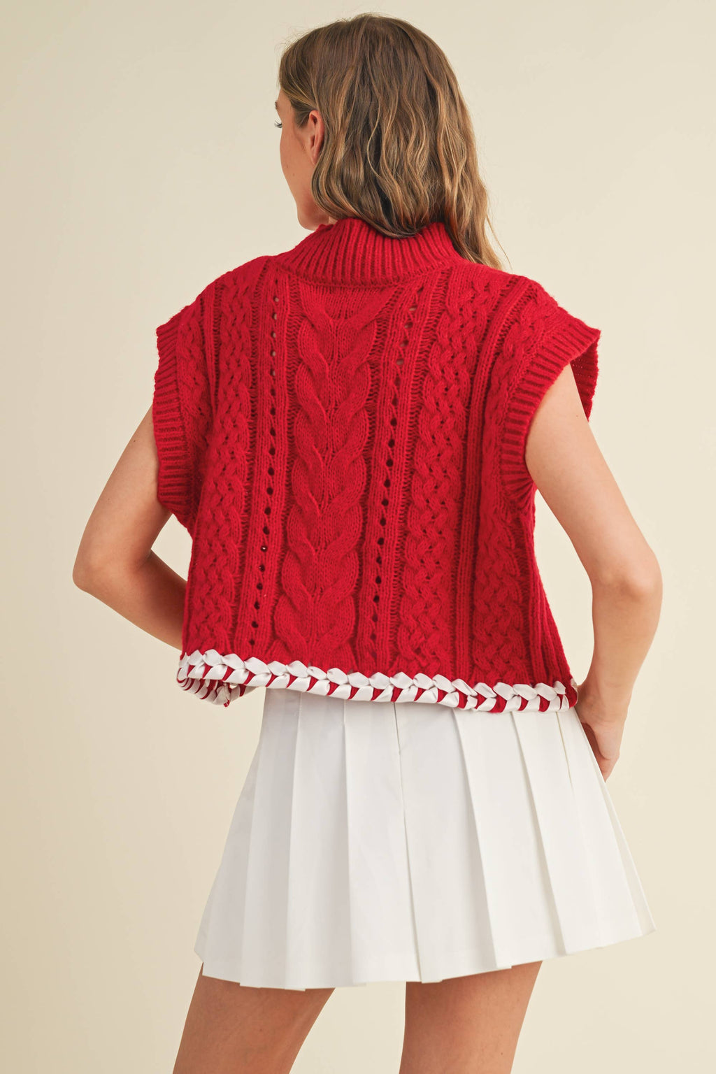 CABLE KNIT DROP SHOULDER CONTRAST STITCH SWEATER
