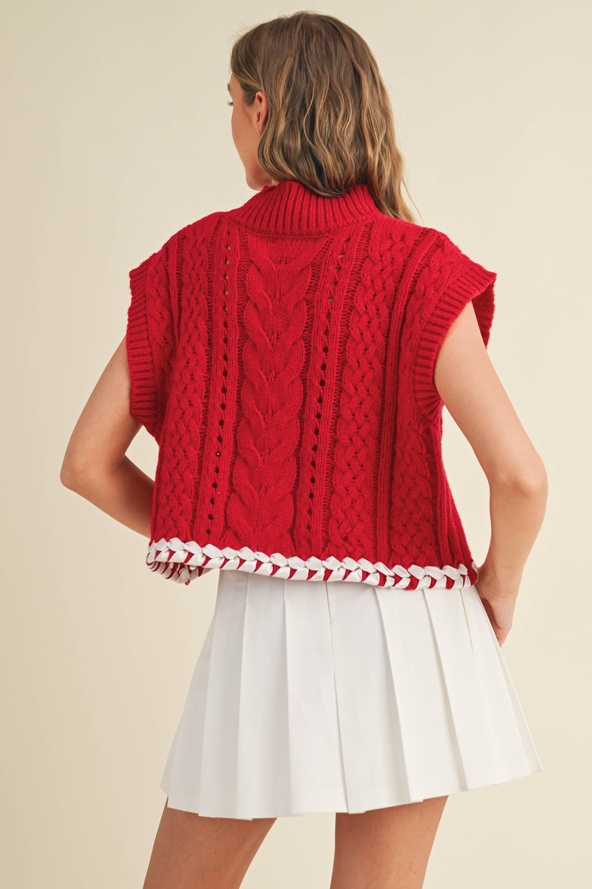 CABLE KNIT DROP SHOULDER CONTRAST STITCH SWEATER