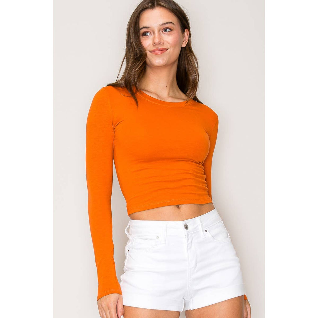 Crew Neck Long Sleeve Cotton Cropped Knit Top