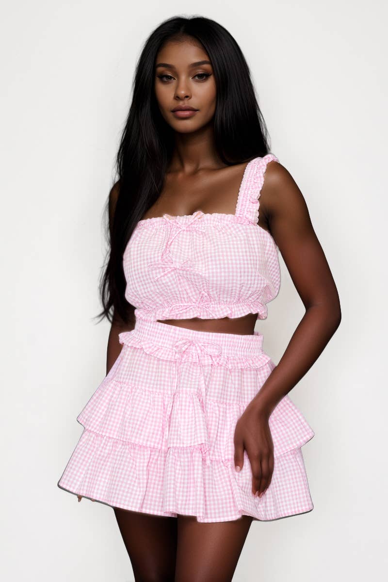 GINGHAM PLAID CROP TOP AND SKIRT SET