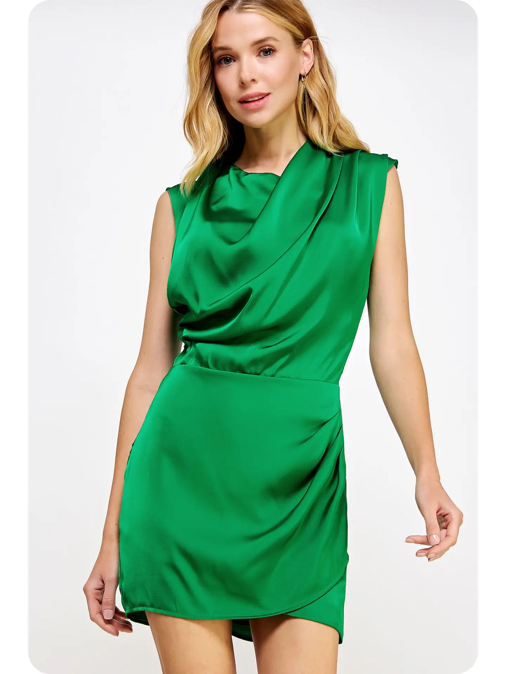 Draped Neckline Sleeveless Satin Green Dress