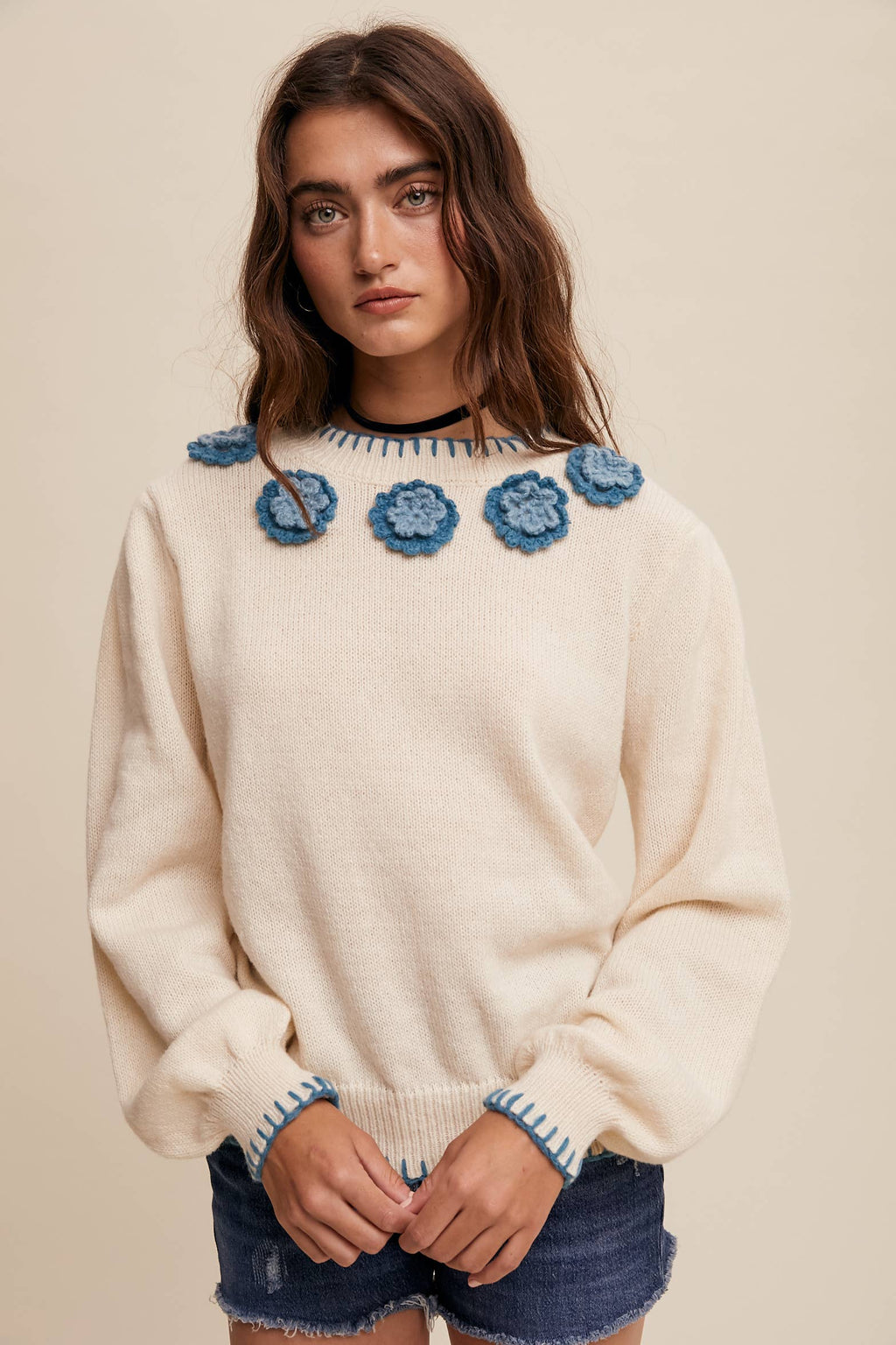 Crochet Bloom Applique Sweater