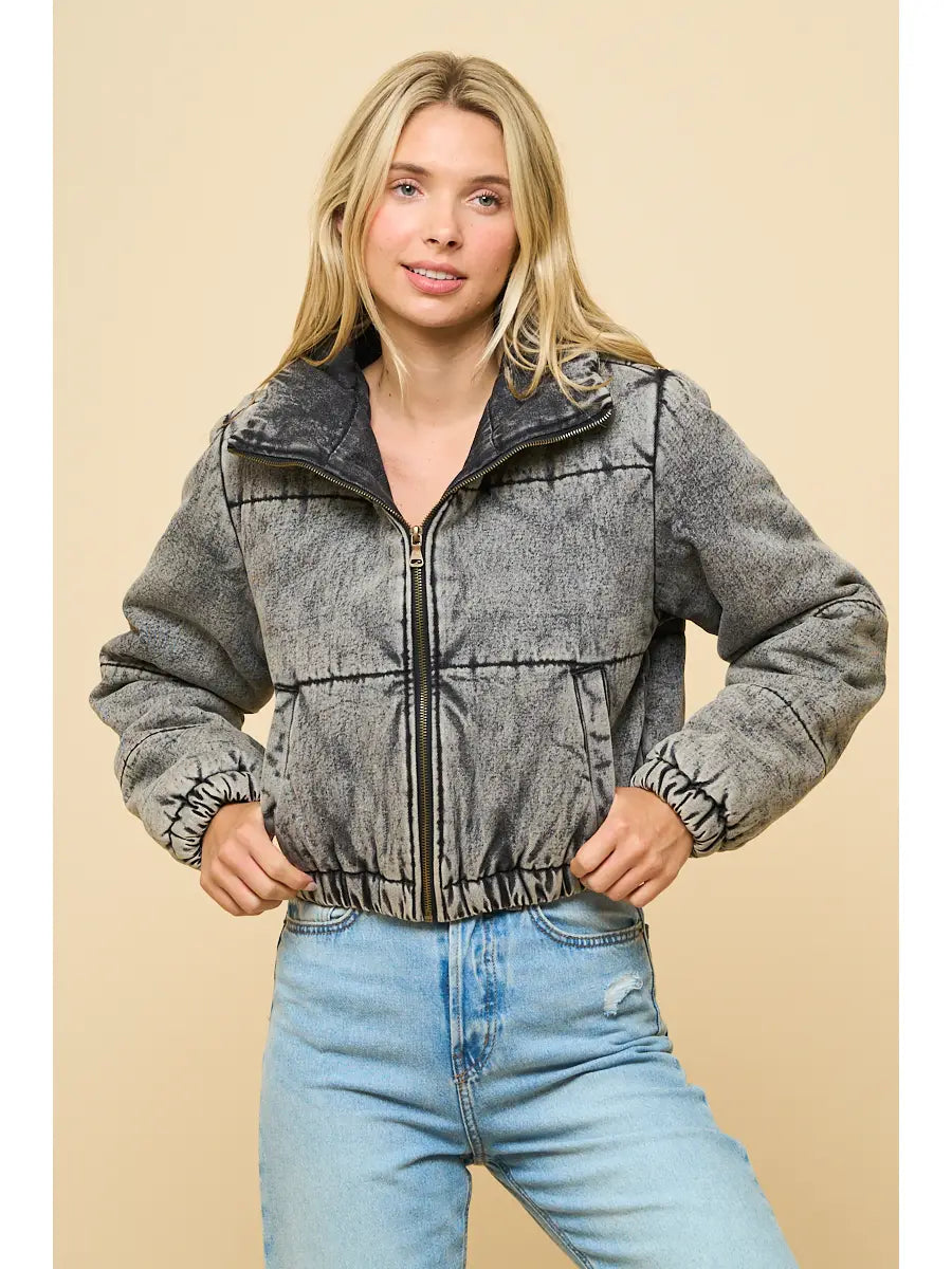Acid-Wash Cropped Puffer Jacket