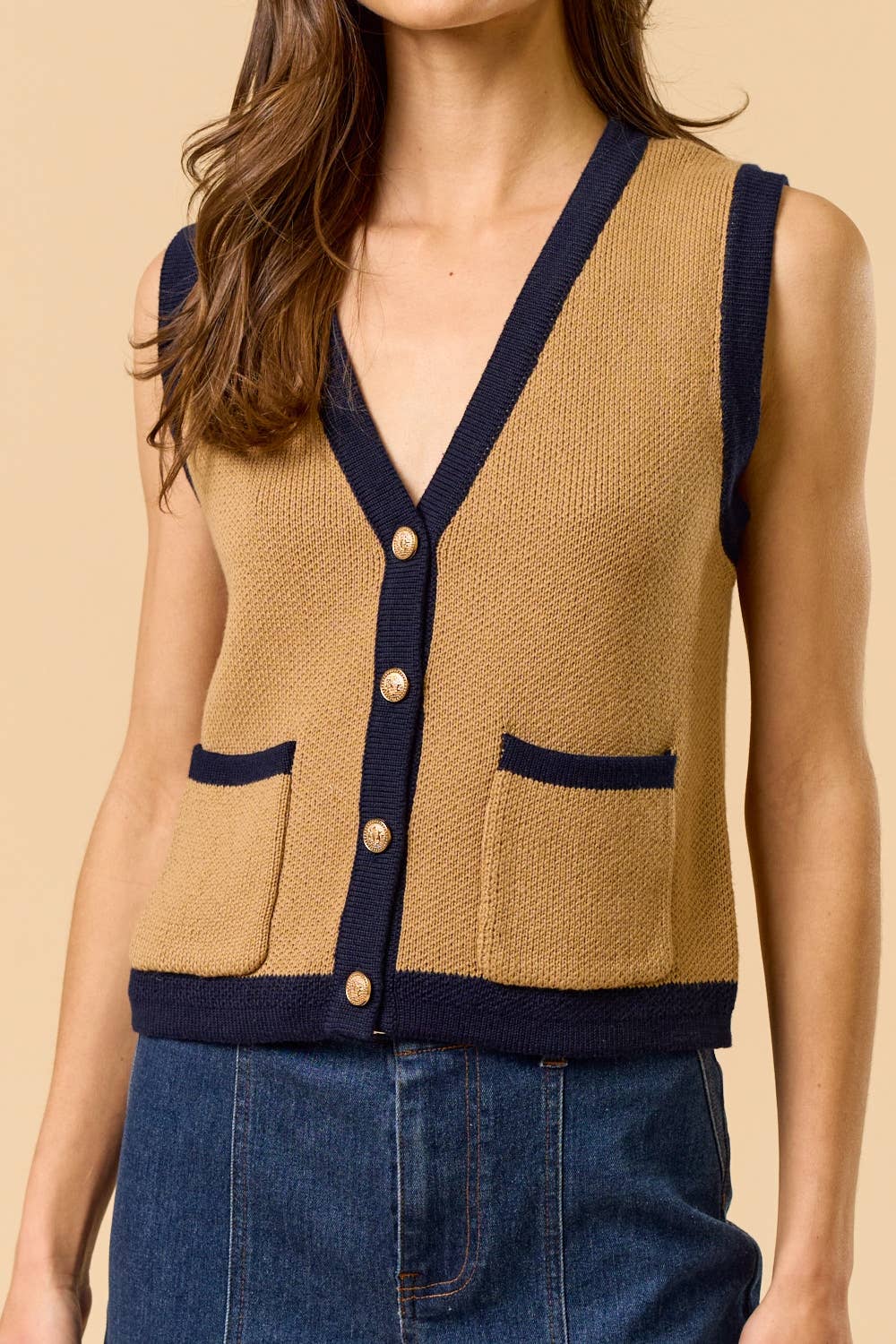 Color Block Button Down Sweater Vest