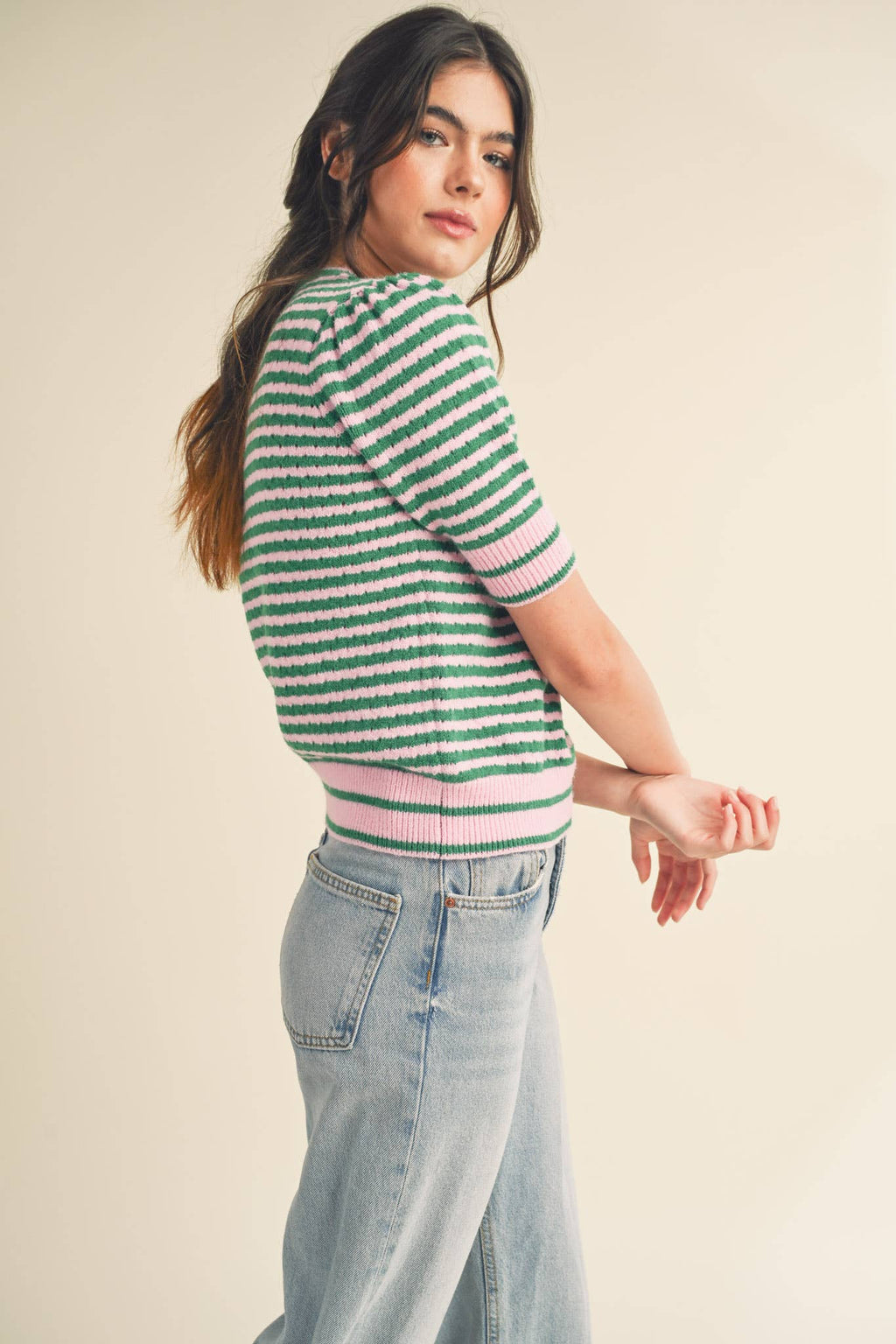 STRIPED POINTELLE KNIT PUFF SLEEVE SWEATER