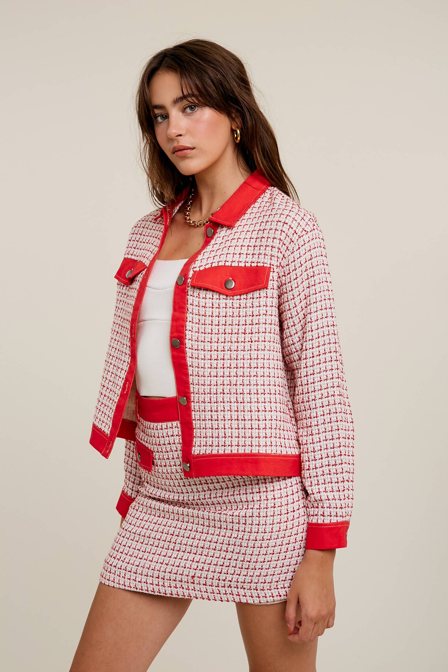 Contrast Trim Plaid Tweed Jacket & Mini Skirt Set