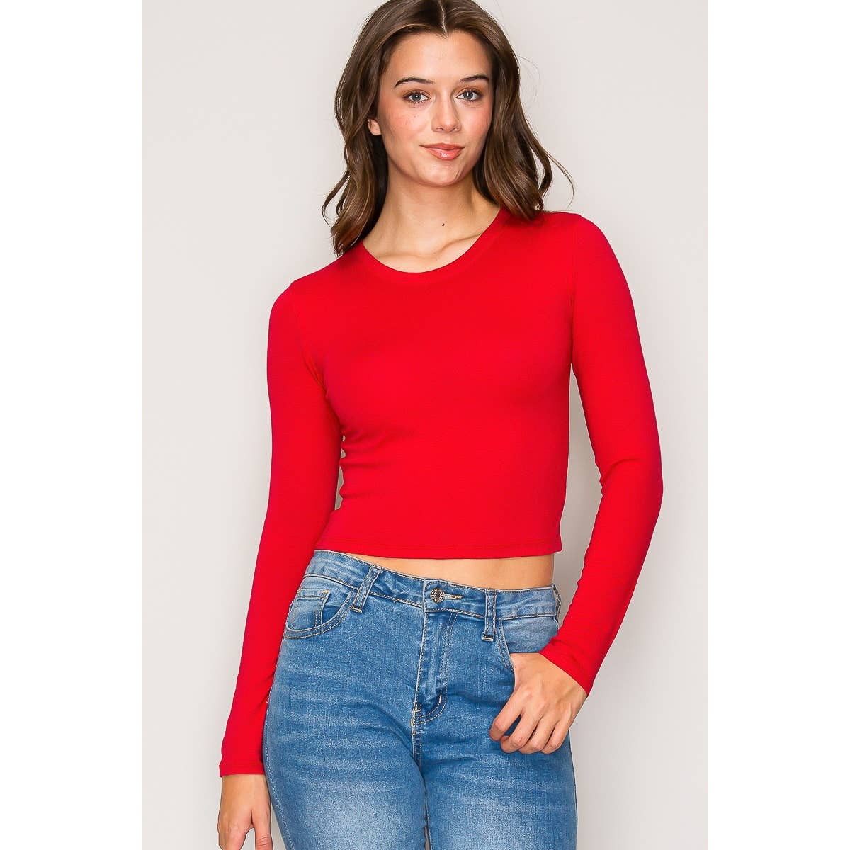 Crew Neck Long Sleeve Cotton Cropped Knit Top