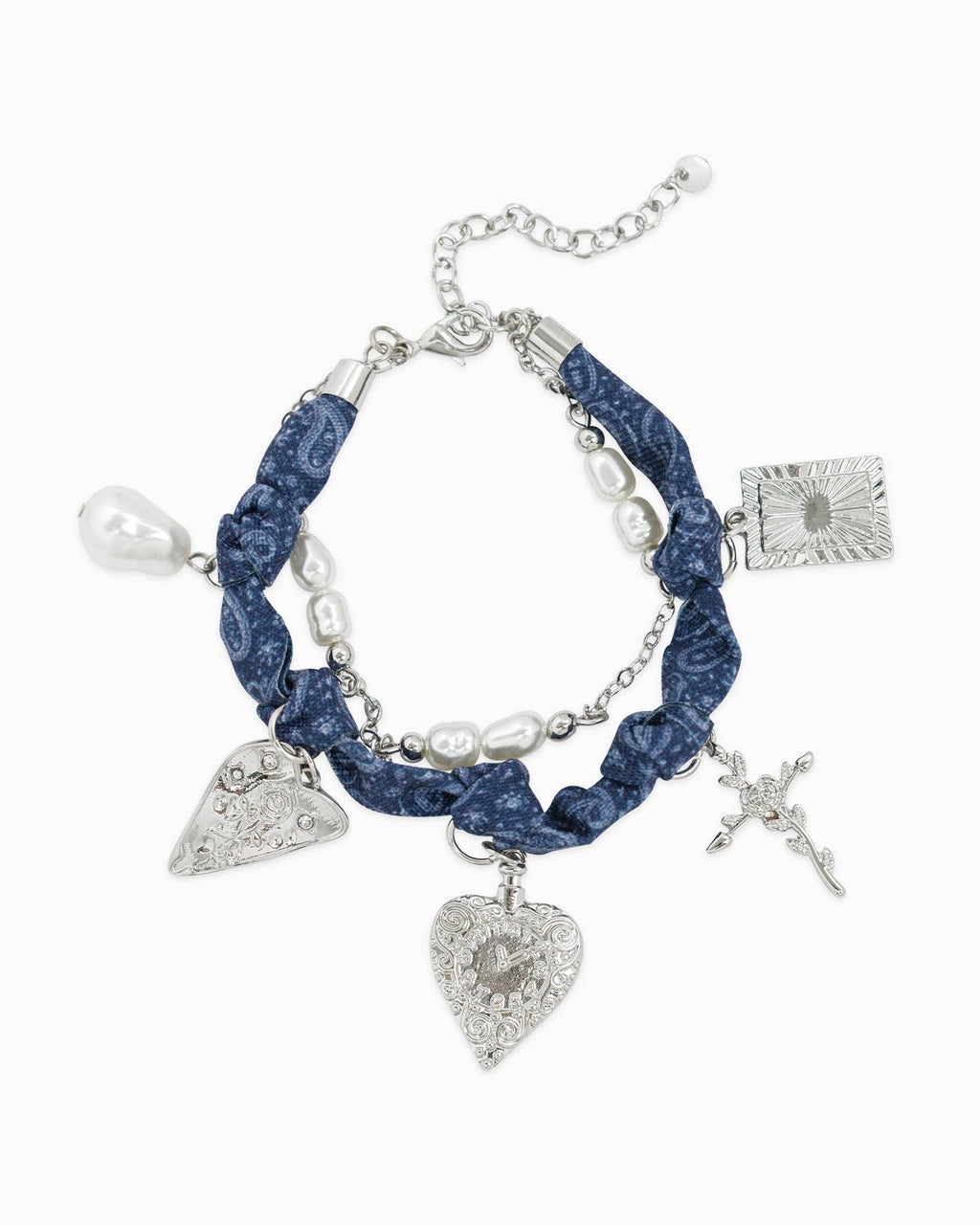 Pearl Layered Denim Bandana Scarf Heart Bracelet