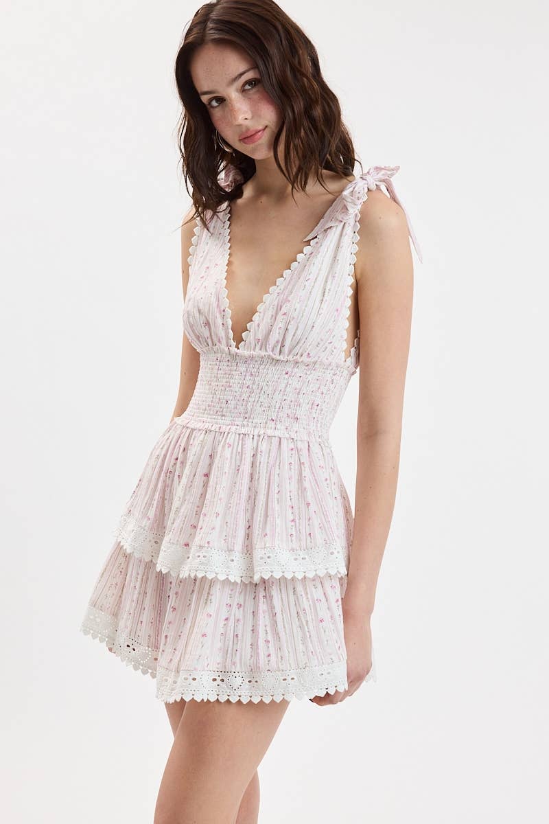 BORDER STRIPE TIE STRAP LAYERED LACE MINI DRESS