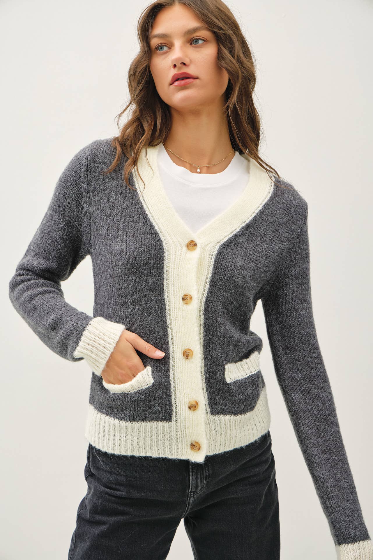 TWO TONE VARSITY STYLE BUTTON UP CARDIGAN