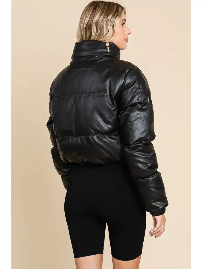 FAUX Leather Front Zipper and Buttons Puffer