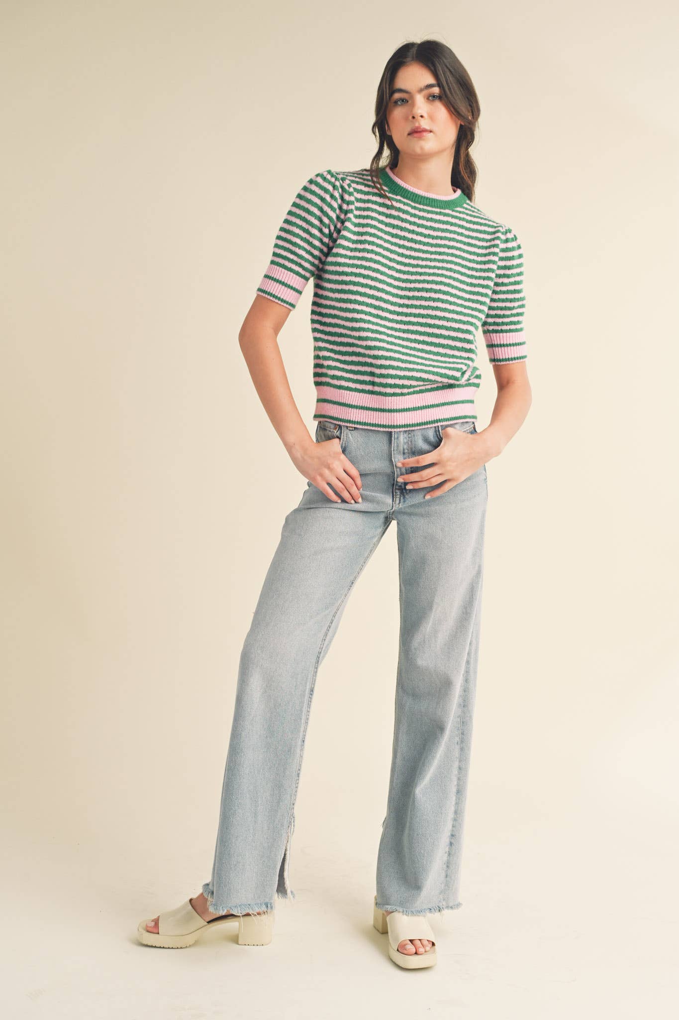 STRIPED POINTELLE KNIT PUFF SLEEVE SWEATER