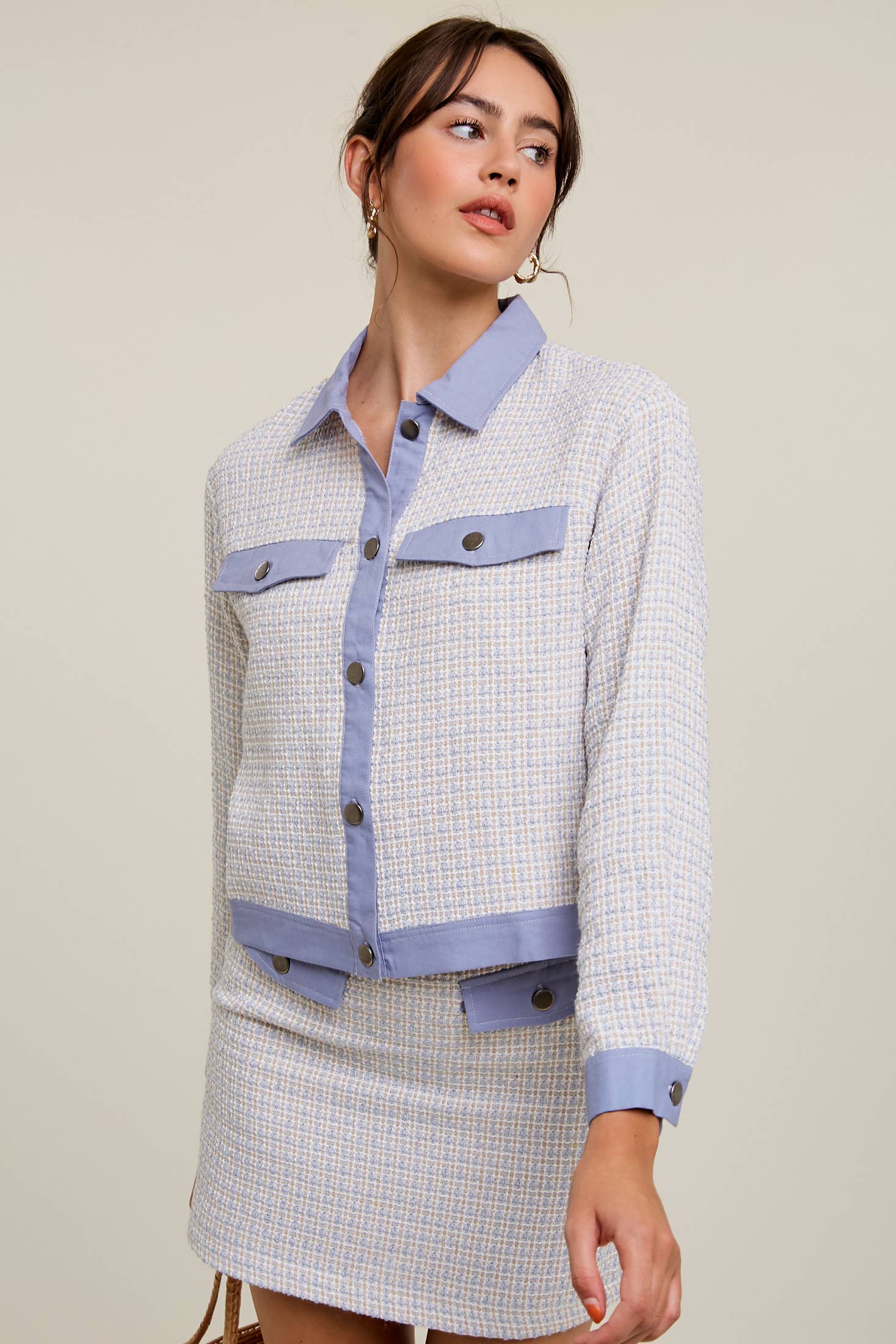 Contrast Trim Plaid Tweed Jacket & Mini Skirt Set