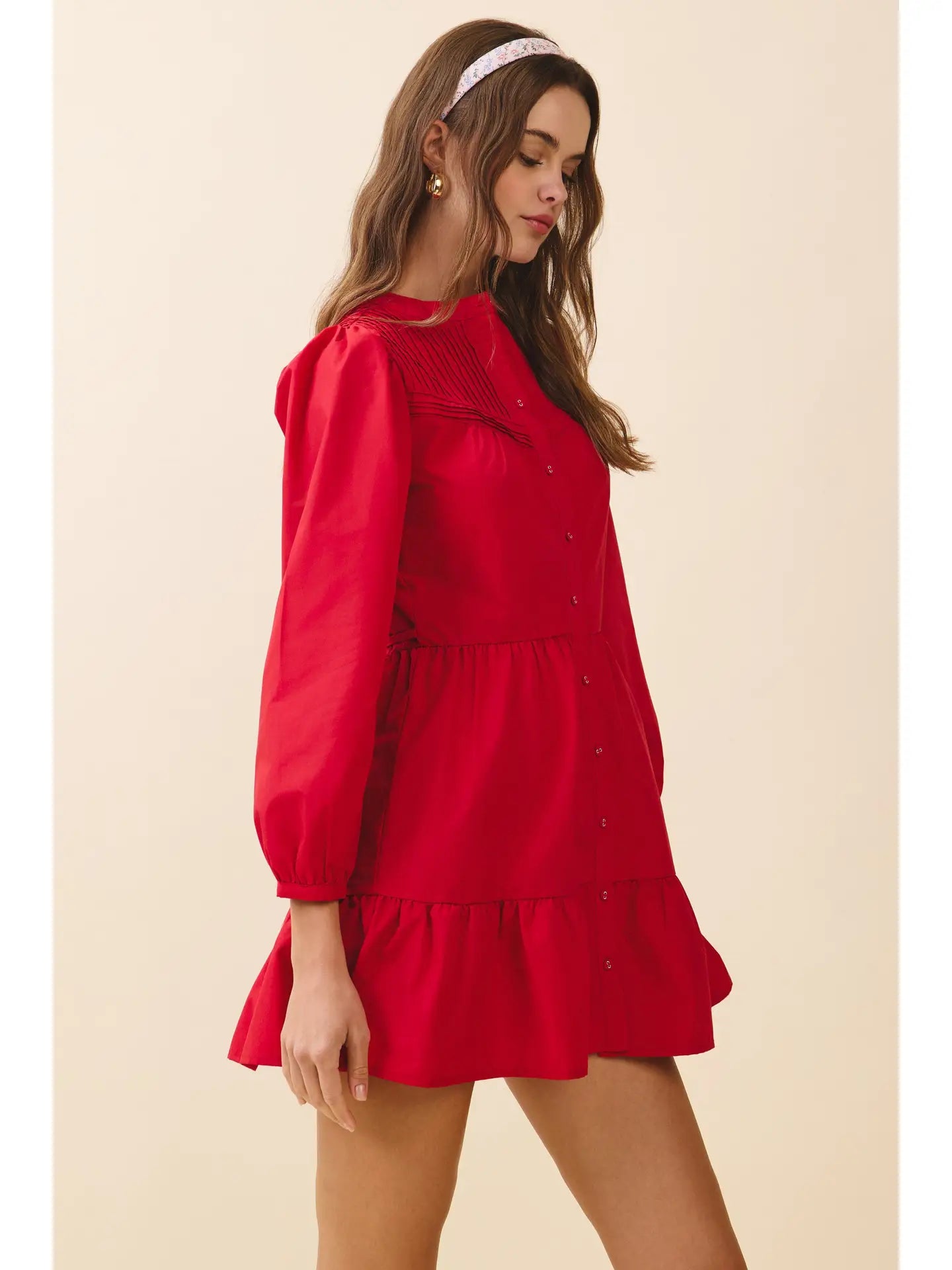 Pintuck Yoke Detail Button Front Mini Dress